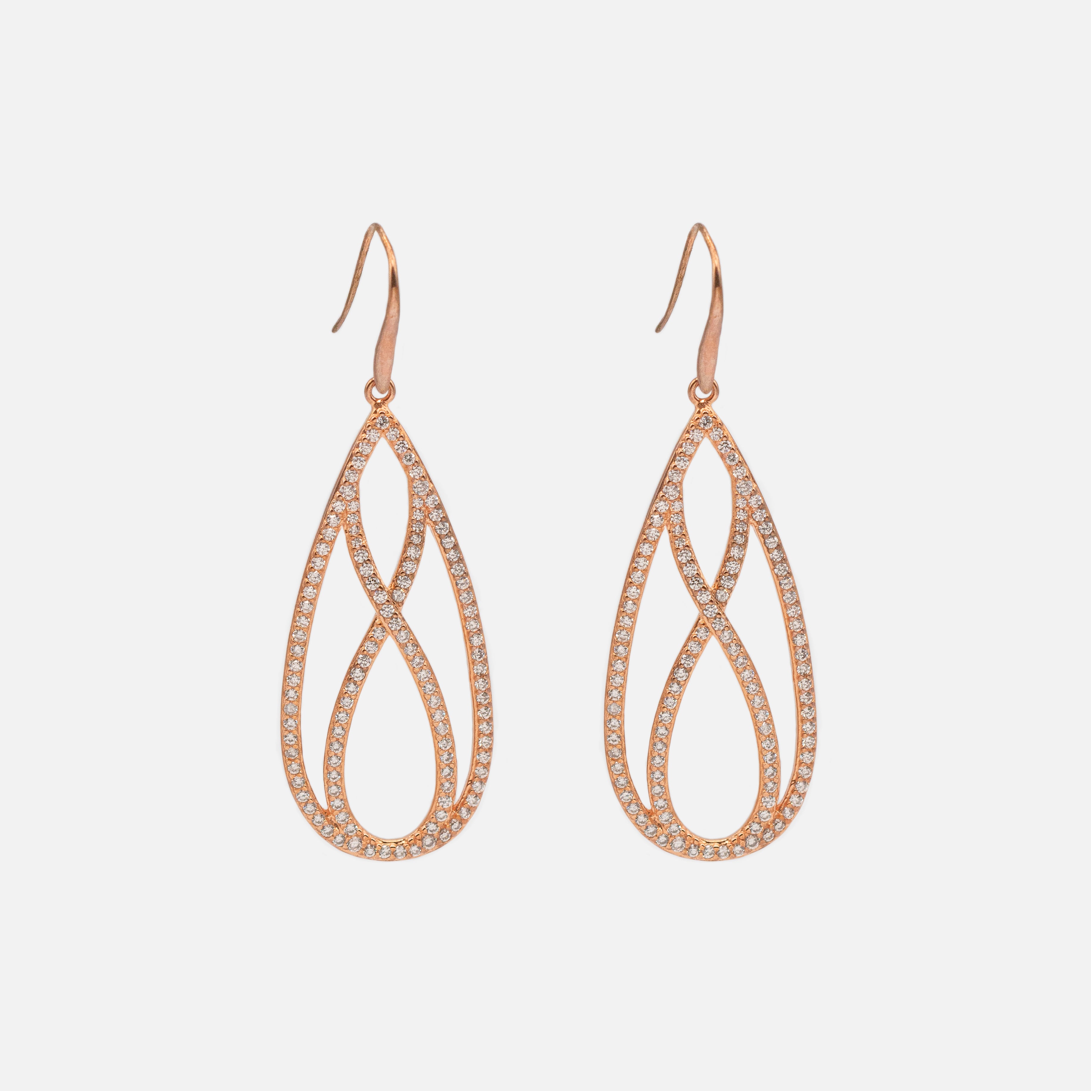 Longues boucles d'oreilles rose doré avec zircons cubiques en argent sterling