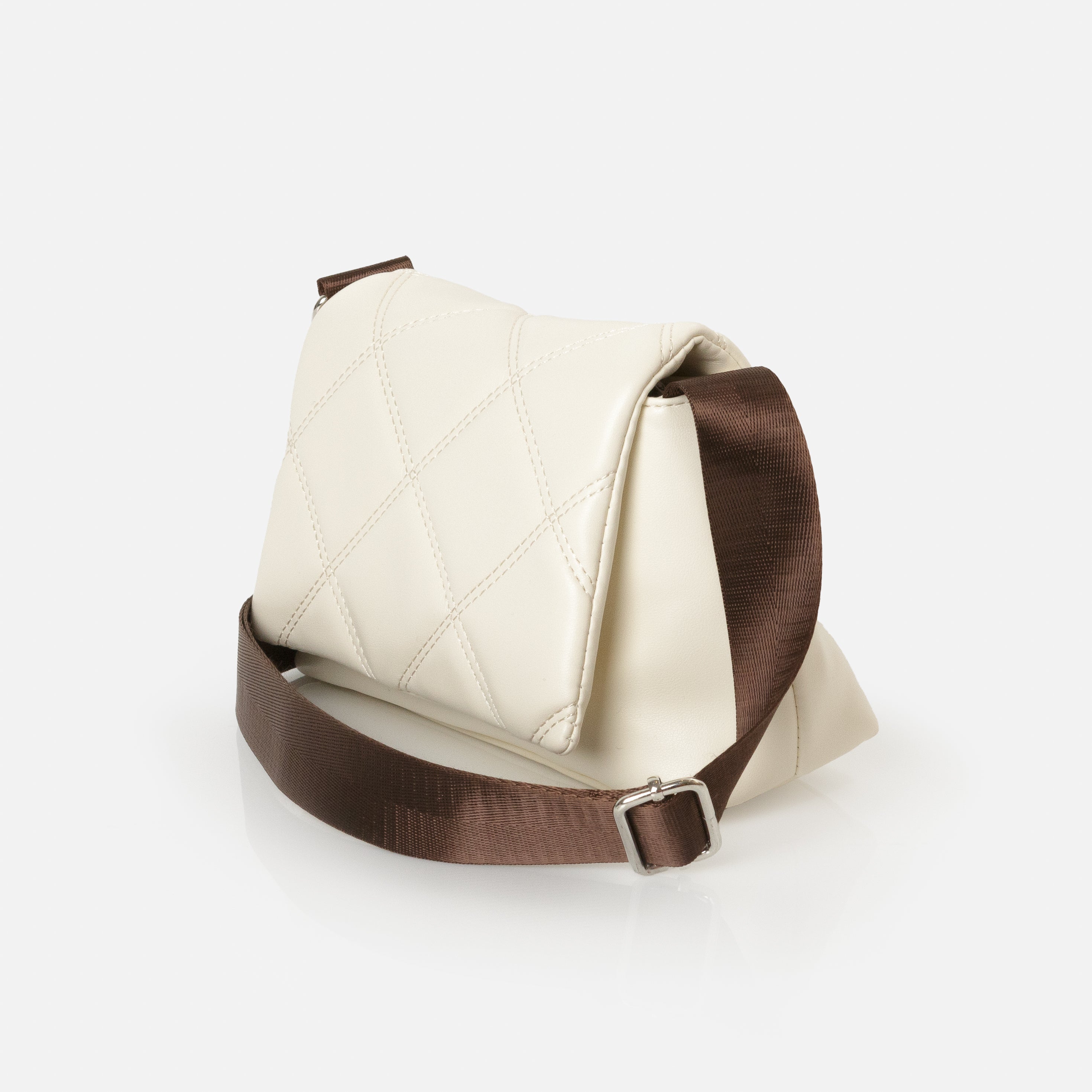 Ivory shoulder bag with quilted flap and chocolate brown braid