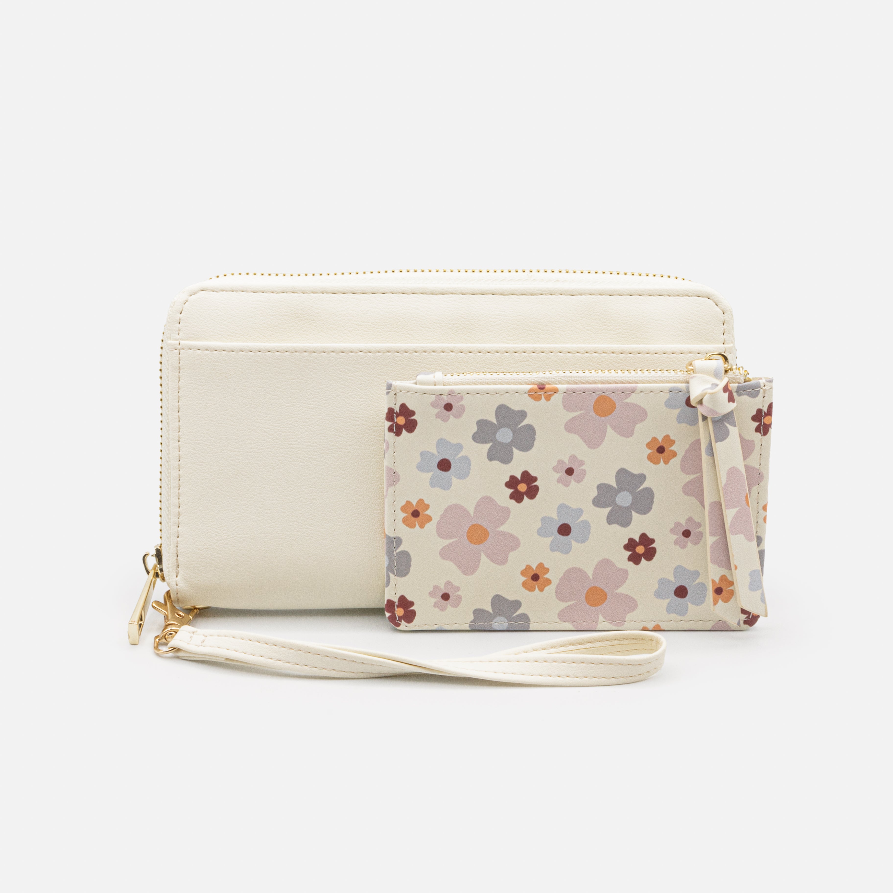 Portefeuille ivoire avec pochette amovible fleurie en PU