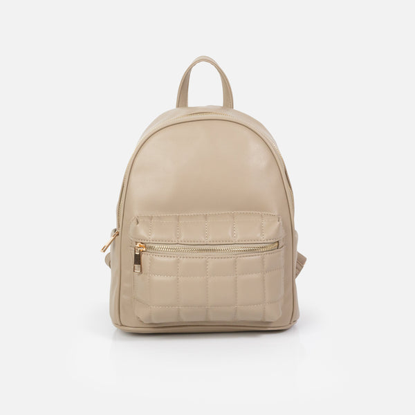 Charger l'image dans la galerie, Sac à dos beige en PU lisse avec pochette avant matelassée