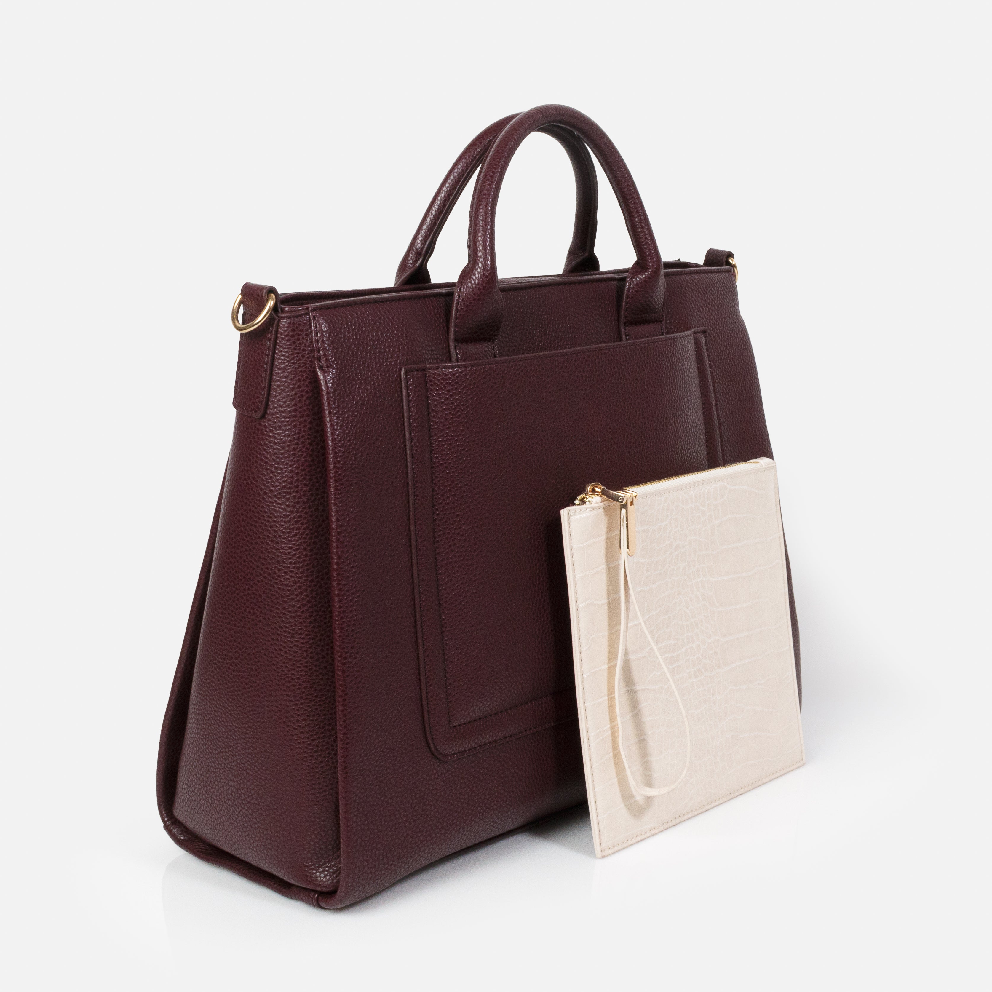 Burgundy PU handbag & removable ivory clutch