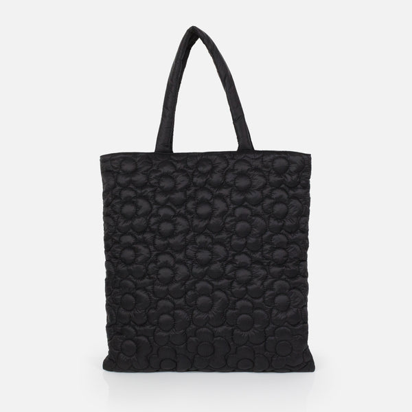 Load image into Gallery viewer, Black quilted nylon tote bag with embroidered flowers