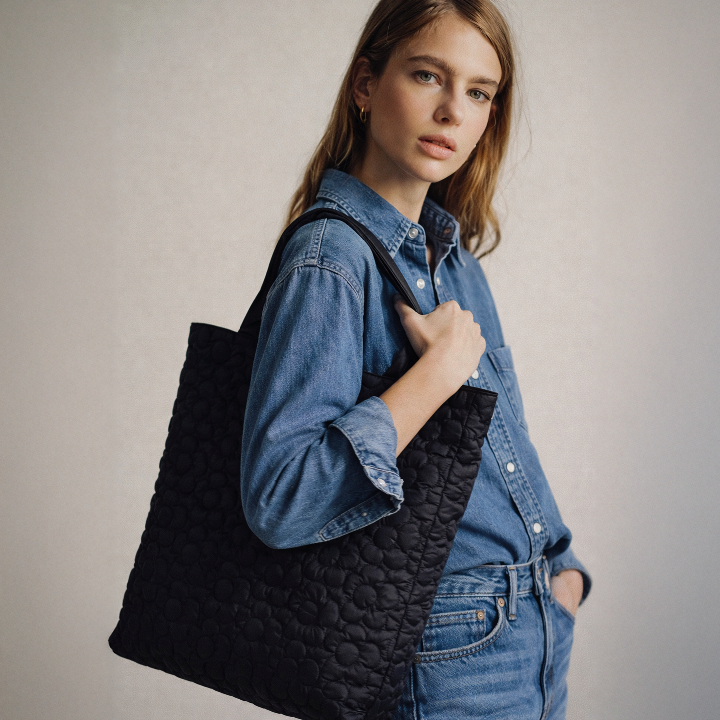 Black quilted nylon tote bag with embroidered flowers