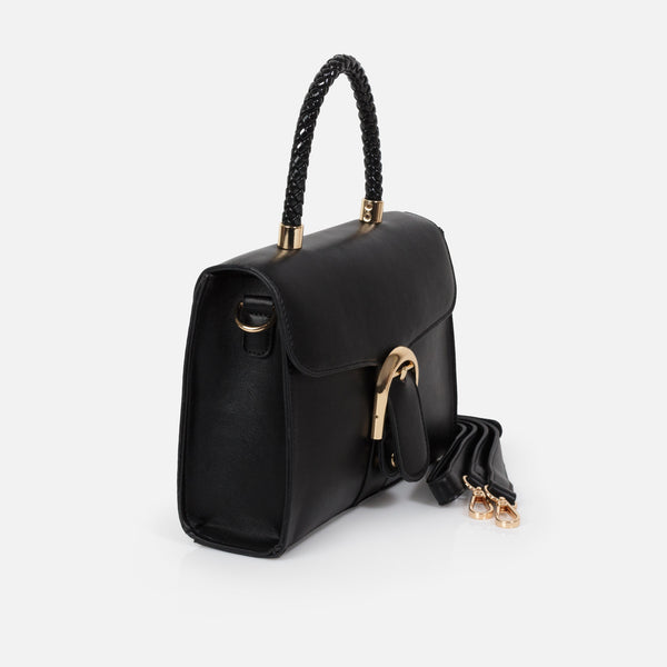 Charger l'image dans la galerie, Sac à main noir en PU lisse avec poignée tressée