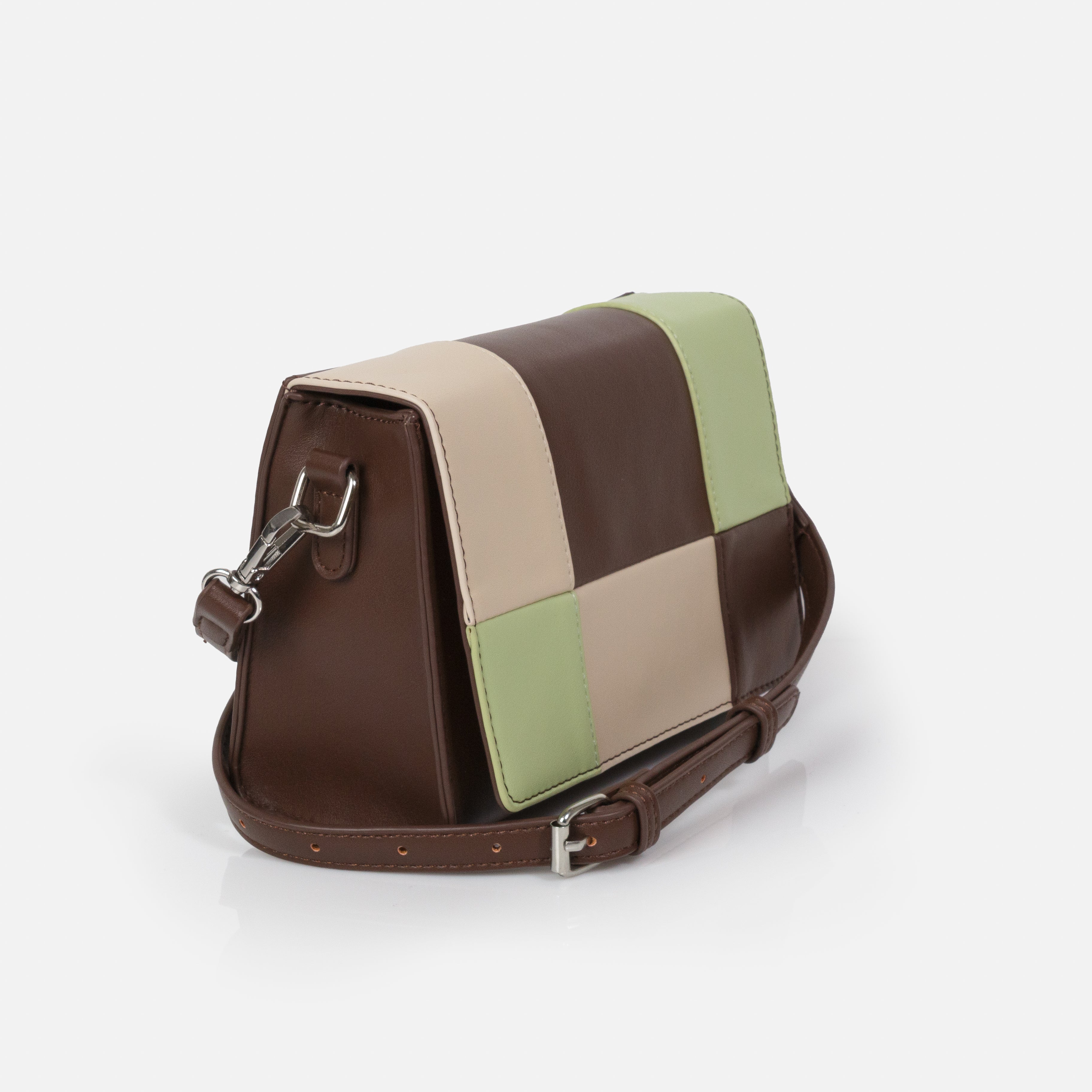 Dark brown beige & pale green checkered PU crossbody bag
