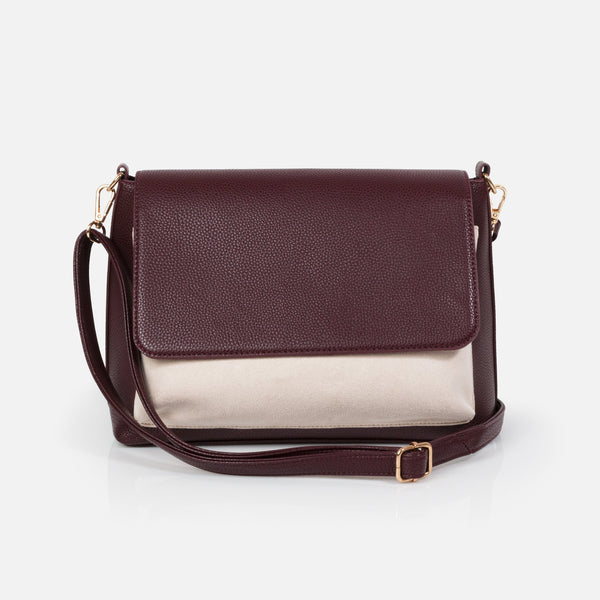 Load image into Gallery viewer, Burgundy embossed PU handbag with ivory suede clutch