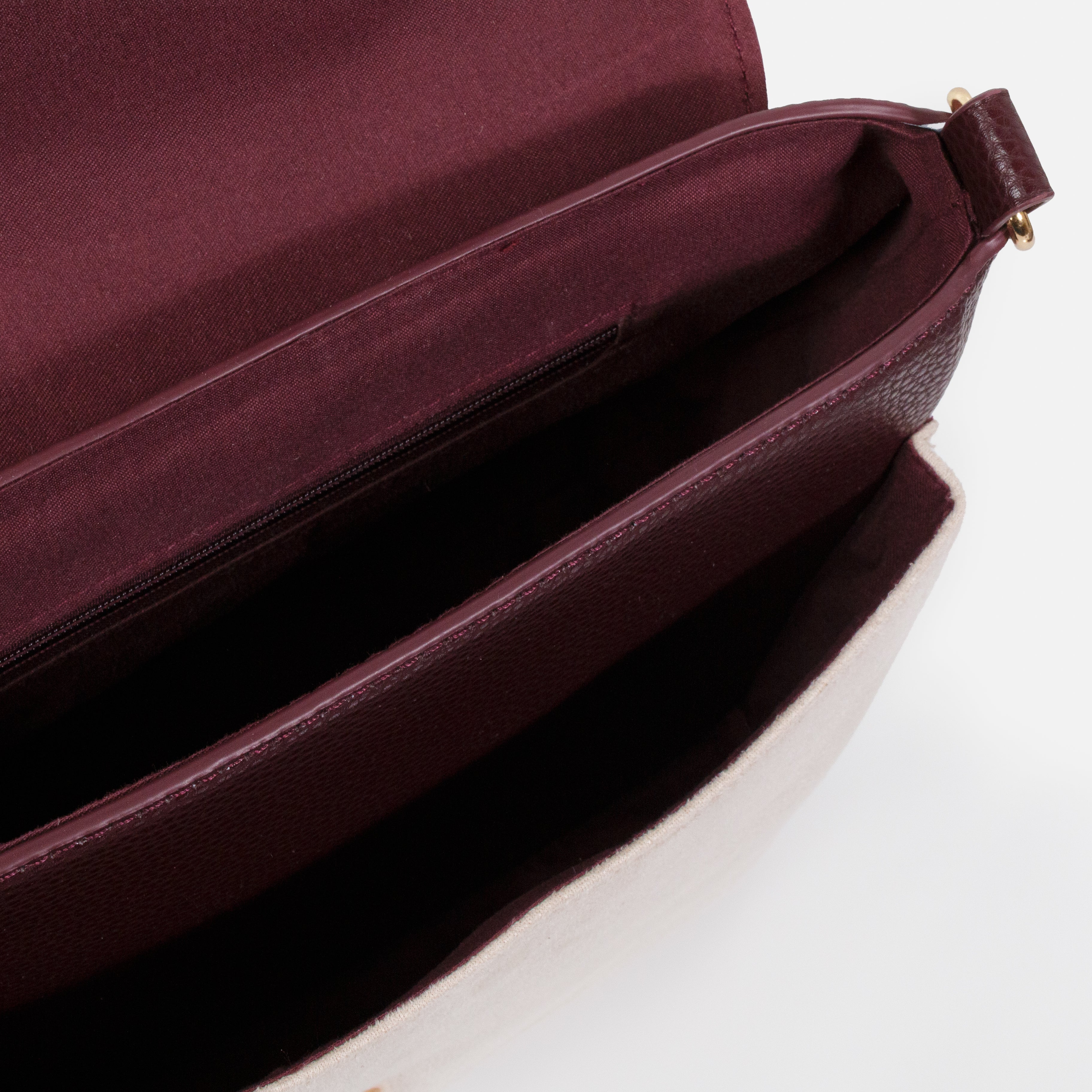 Burgundy embossed PU handbag with ivory suede clutch