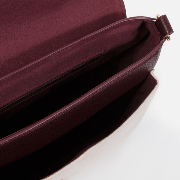 Load image into Gallery viewer, Burgundy embossed PU handbag with ivory suede clutch