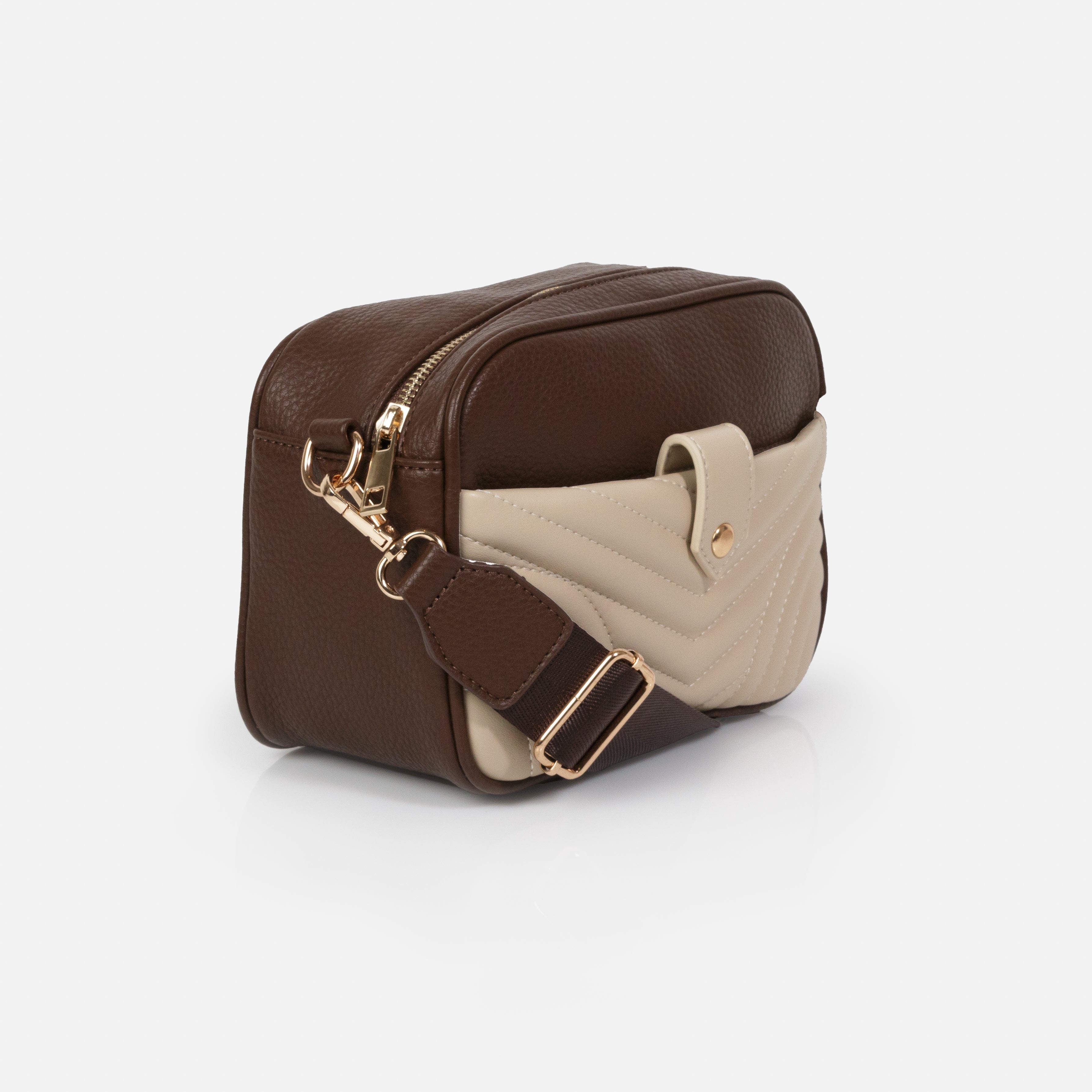 Dark Brown PU Crossbody Handbag & Beige Quilted Clutch