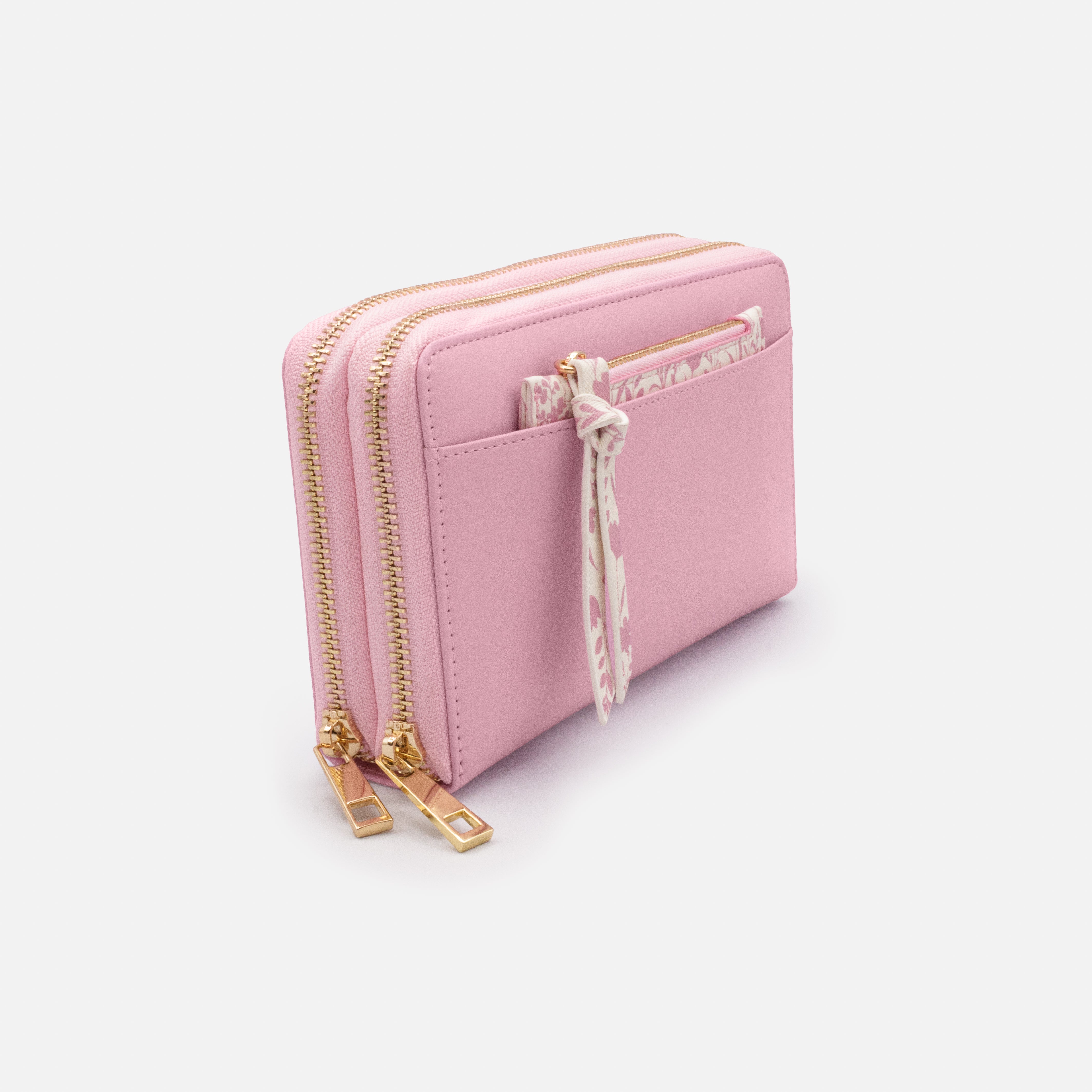 Pink PU double wallet with removable floral pocket