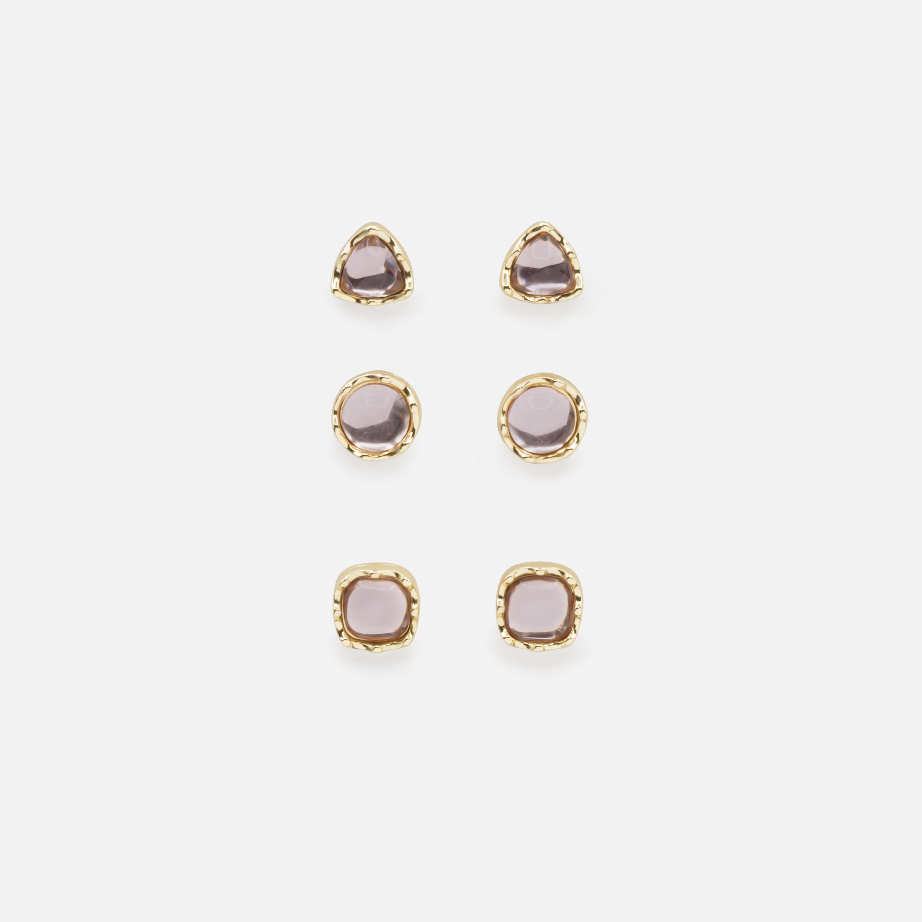 Trio de boucles d'oreilles fixes dorées de formes différentes avec pierre rose pâle