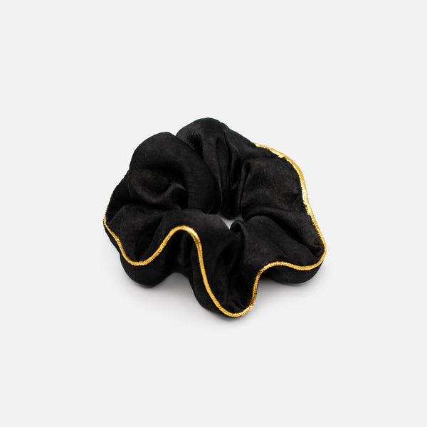 Load image into Gallery viewer, Black scrunchie with thin golden line