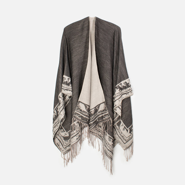 Charger l'image dans la galerie, Poncho gris foncé avec motif et frange