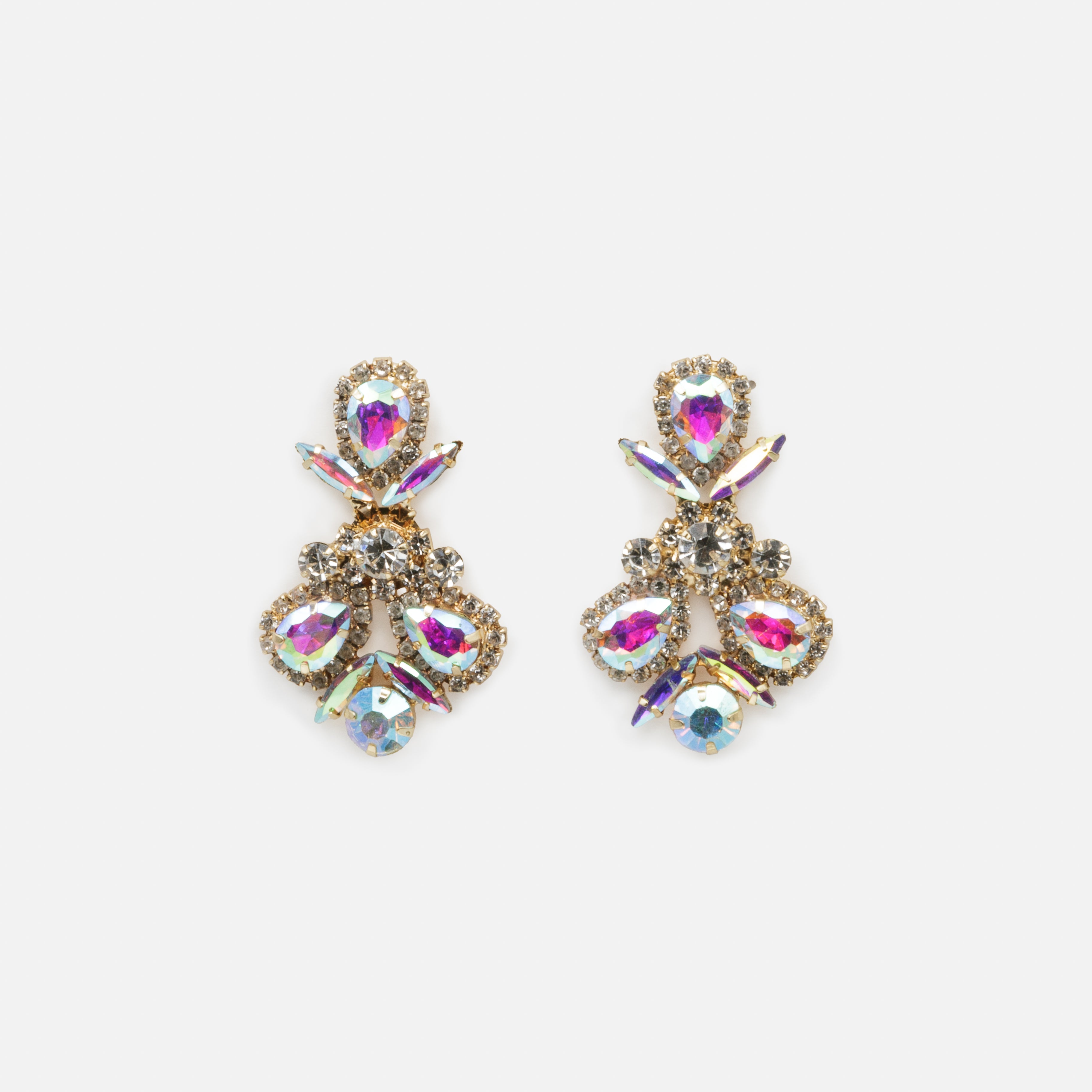 Ensemble collier et boucles d'oreilles dorés bouquets de pierres aux reflets irisés