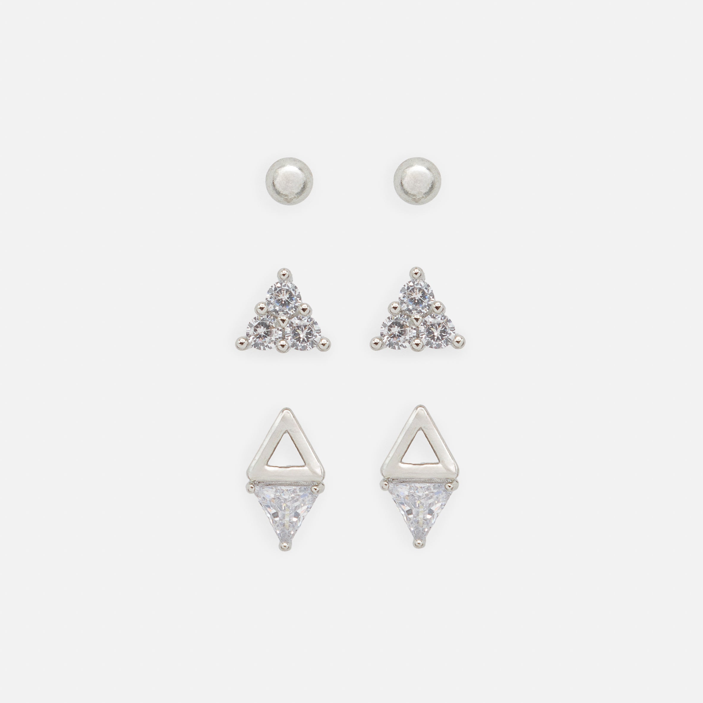 Trio de boucles d'oreilles triangulaires et boules argentées avec zircons cubiques