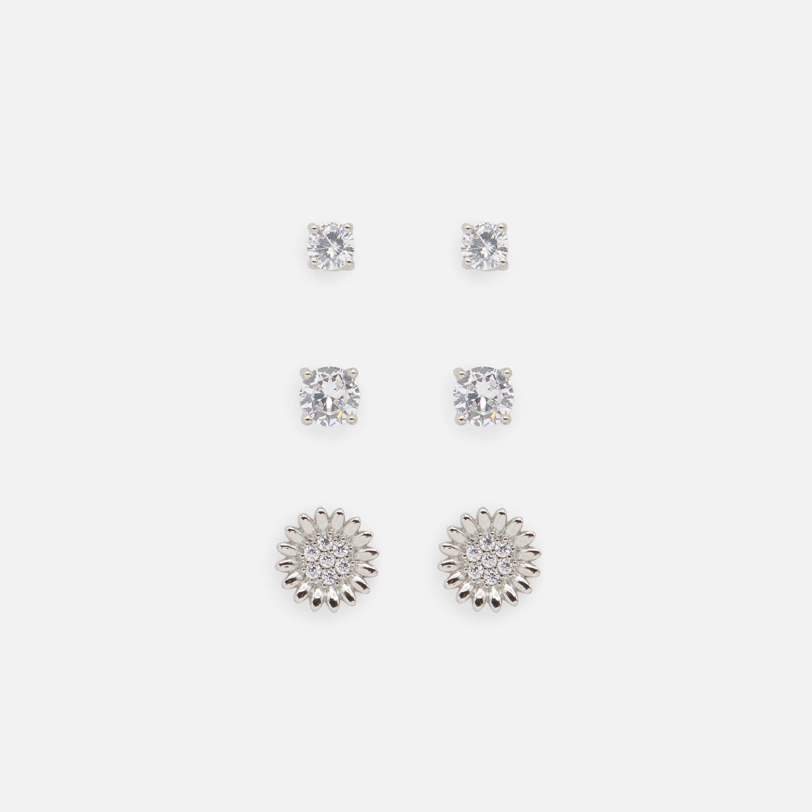 Trio de boucles d'oreilles argentées tournesol et zircons cubiques