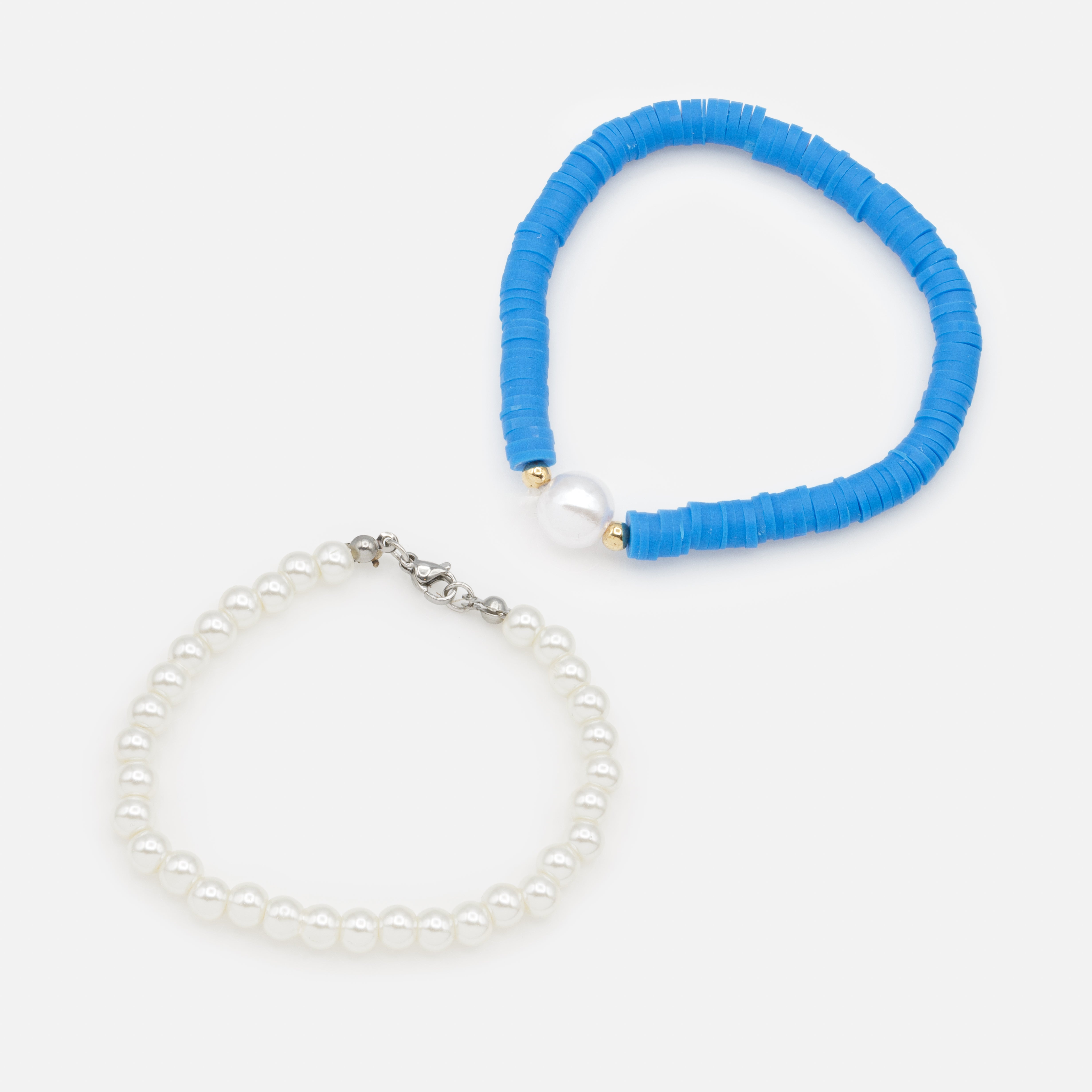 Pair of blue pearl and bead bracelets
