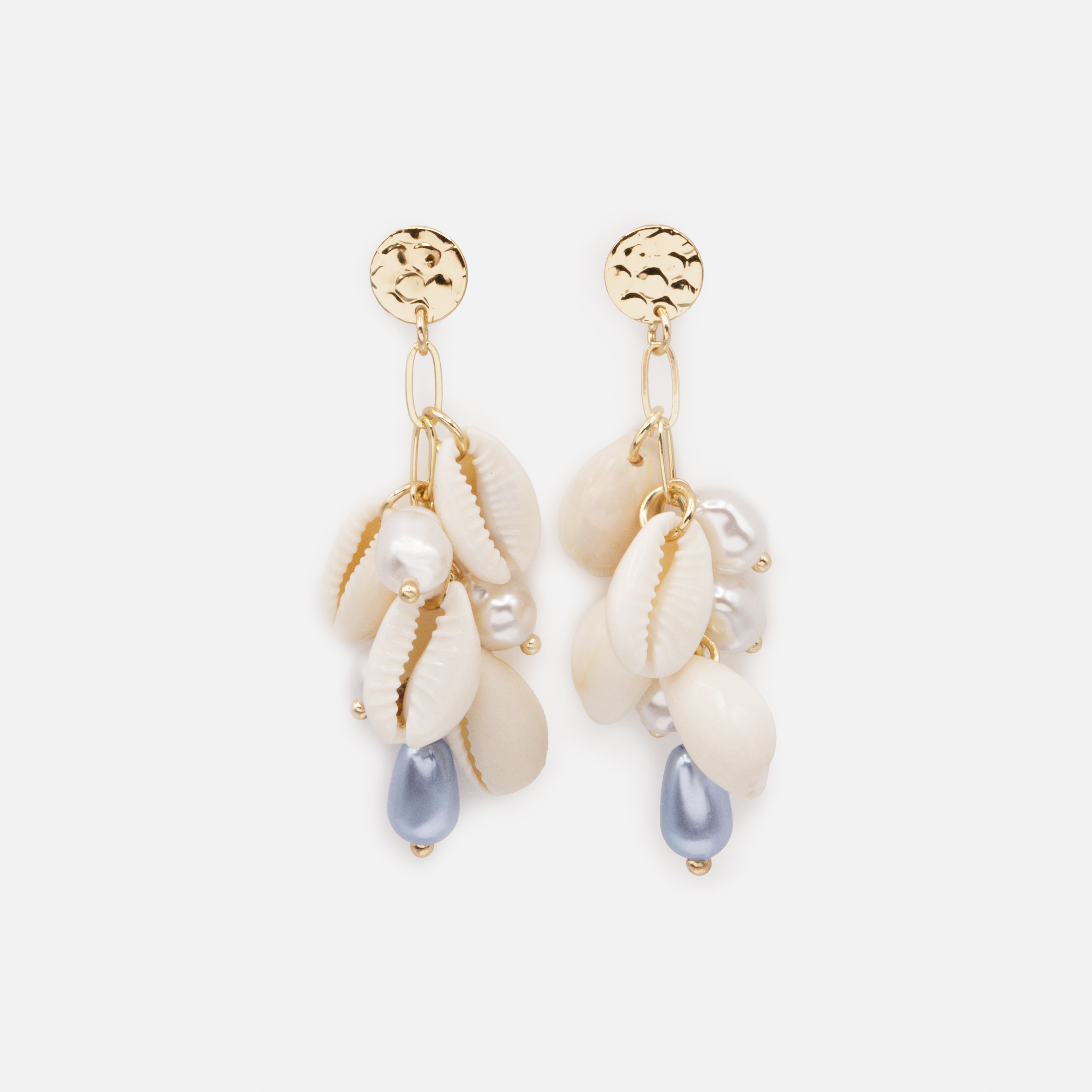 Long gold pearl and shell earrings