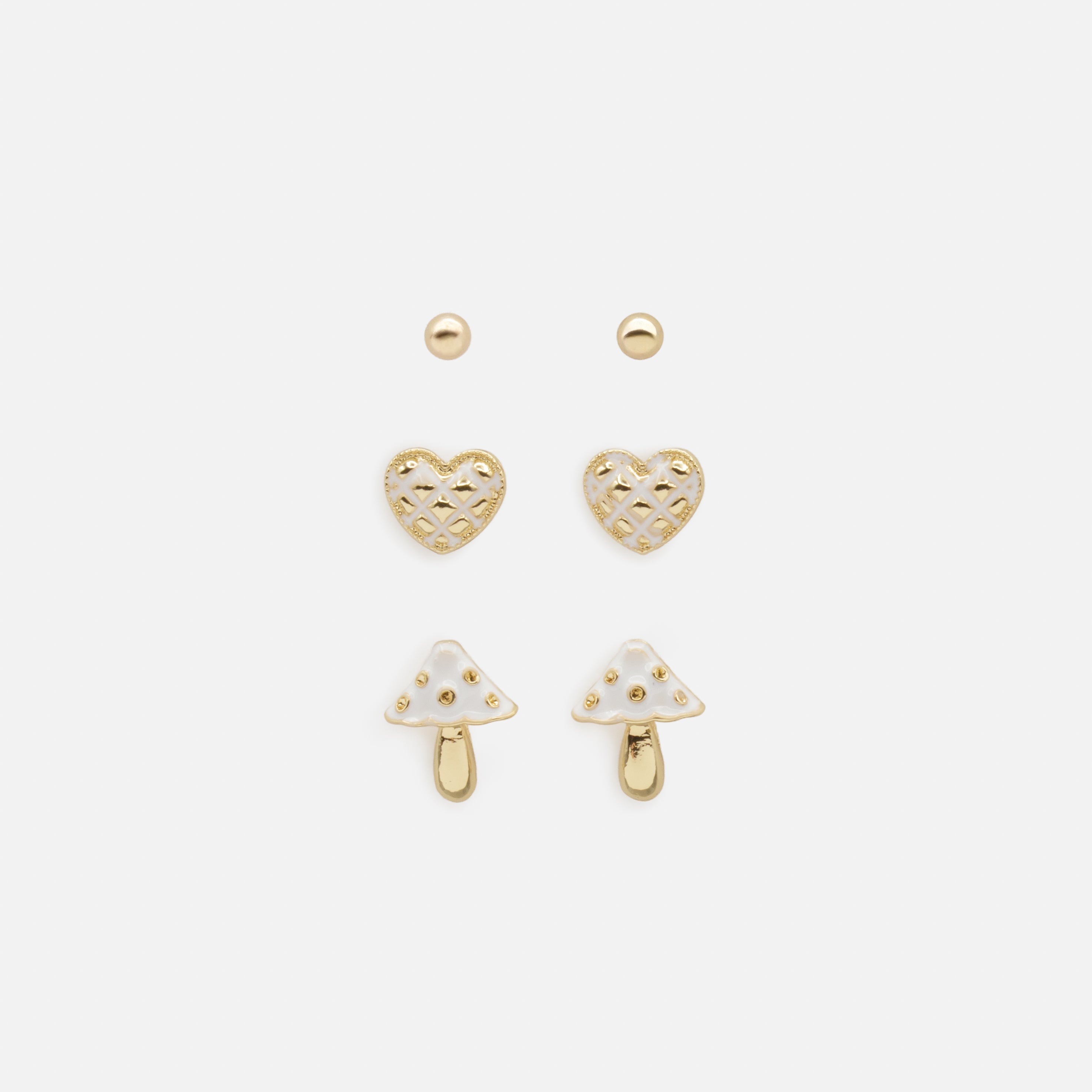 Trio de boucles d'oreilles dorées avec coeurs et champignons blancs