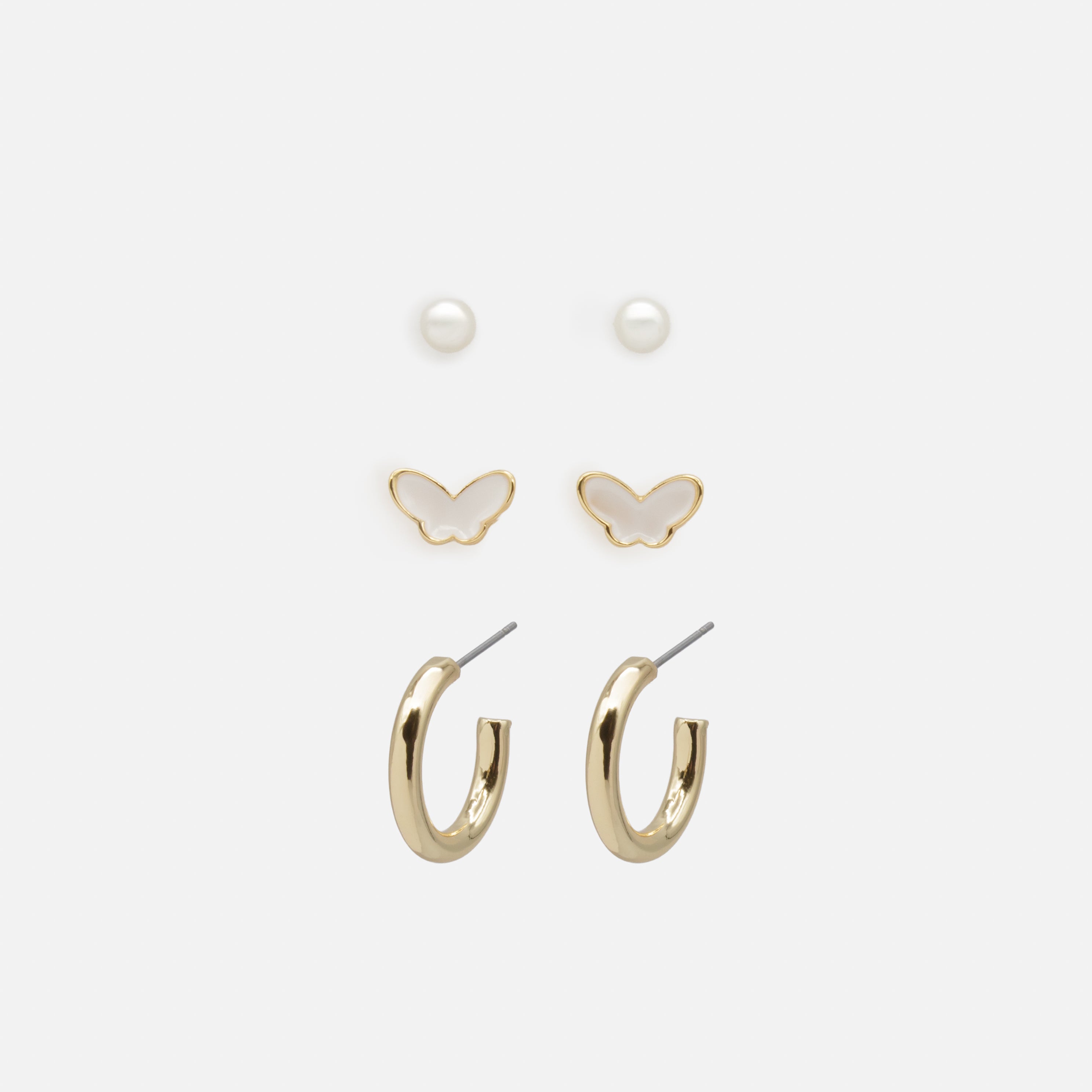 Trio de boucles d'oreilles papillons blancs et anneaux dorés