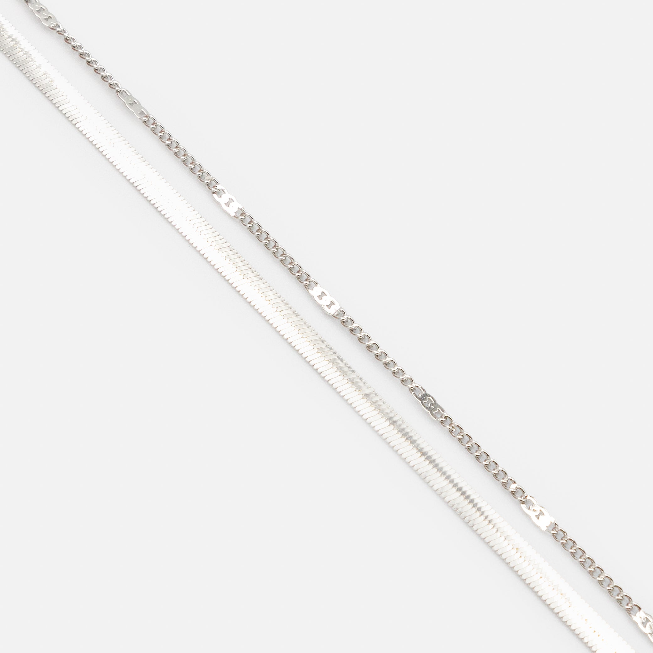 Duo of silver body chains with flat serpentine links and flat inserts