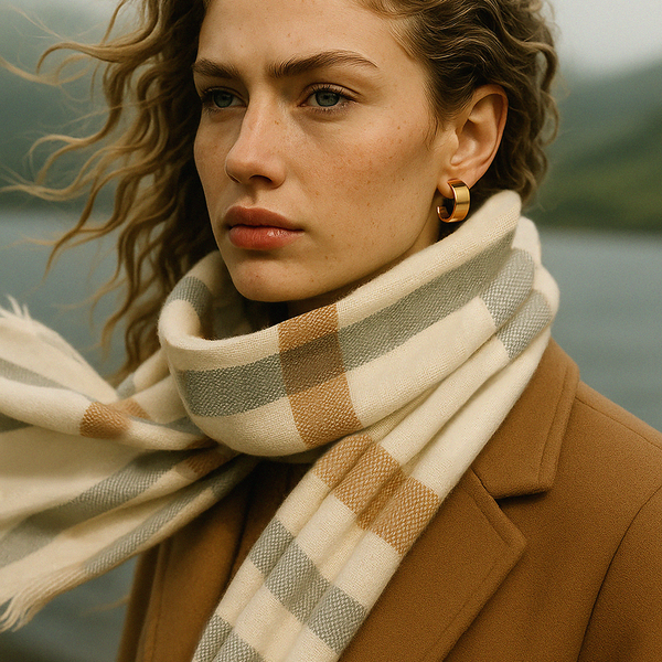 Load image into Gallery viewer, White scarf with gray and caramel checks