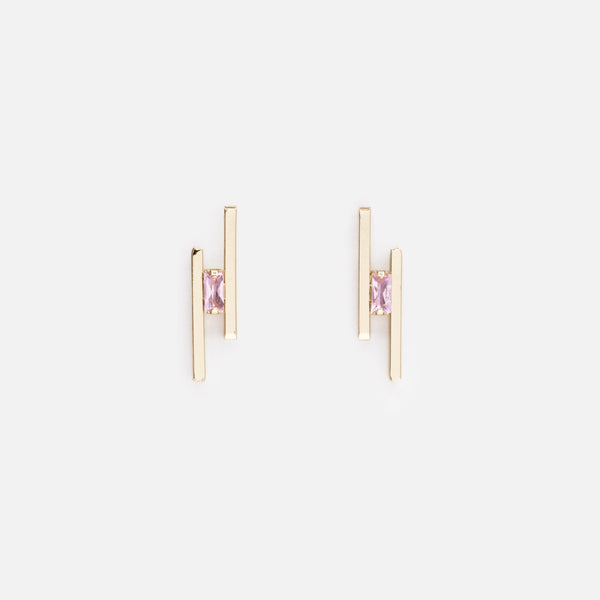 Charger l'image dans la galerie, Boucles d'oreilles dorées barres parallèles avec pierre rose pâle