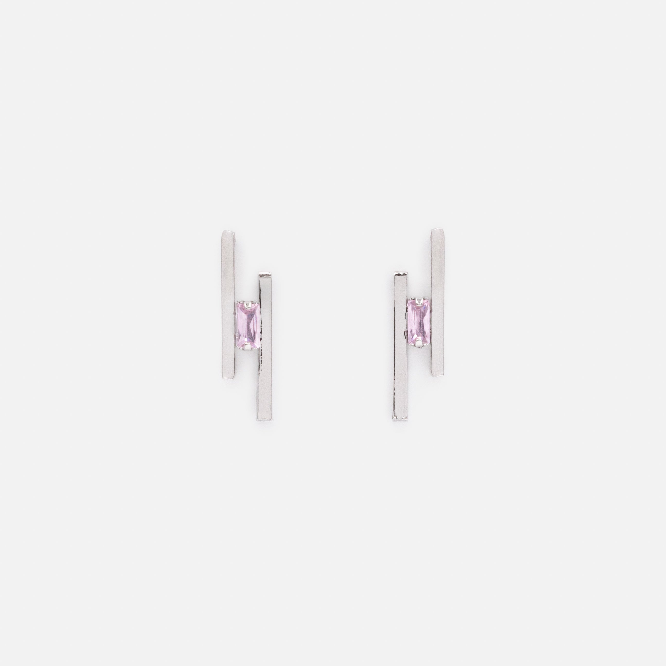 Boucles d'oreilles argentées barres parallèles avec pierre rose pâle