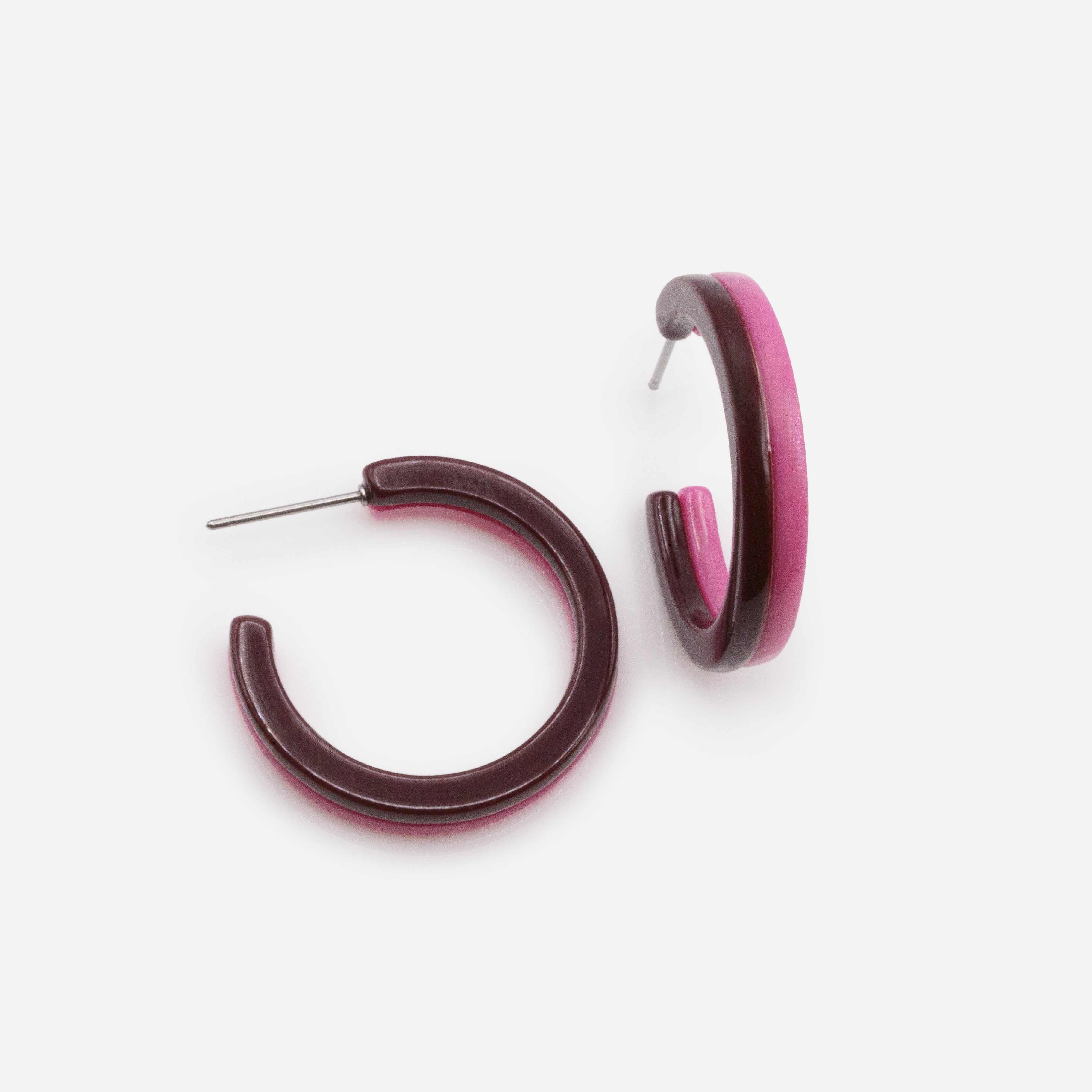 Boucles d'oreilles anneaux roses & bourgogne en acétate