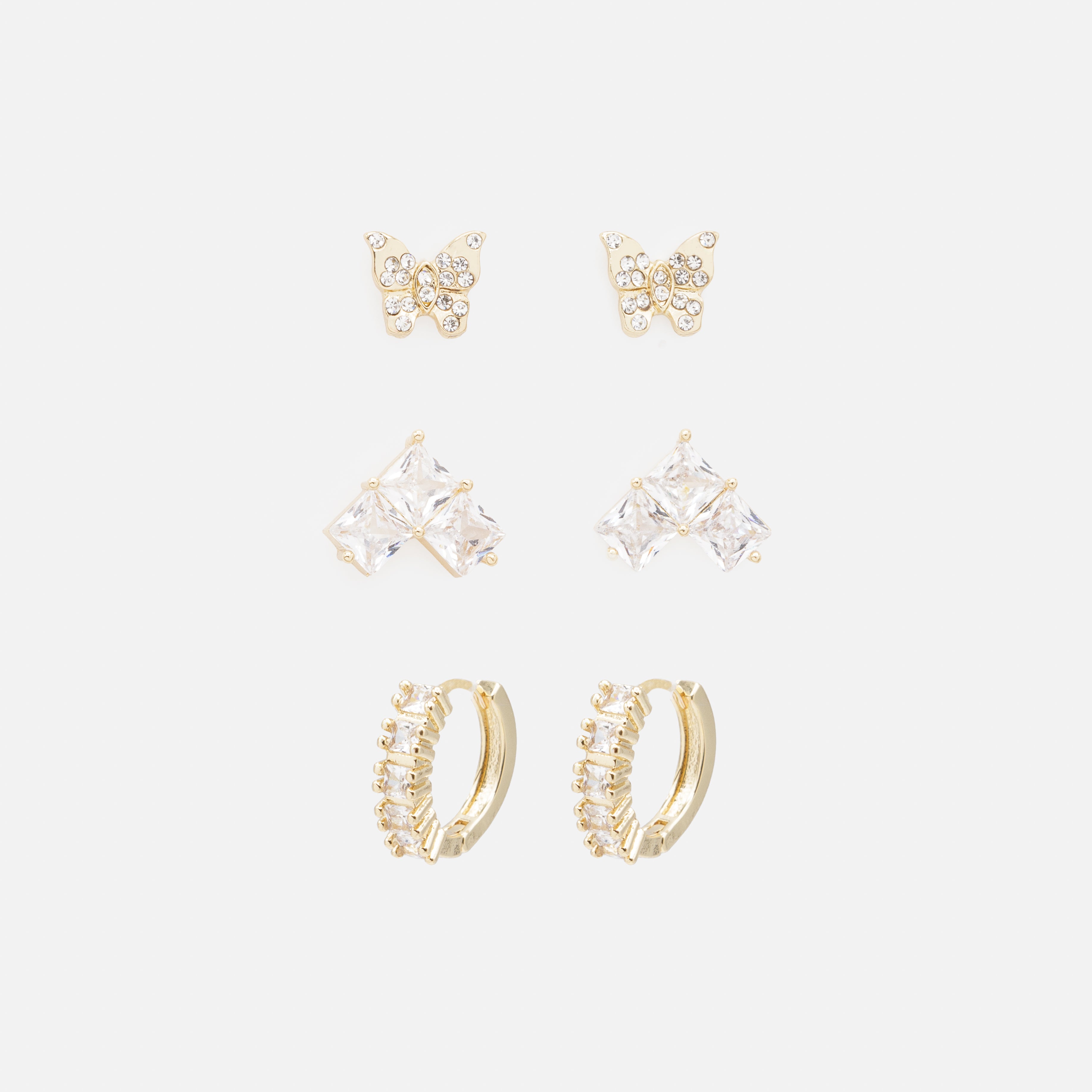 Trio de boucles d'oreilles dorées pierres carrées et papillons