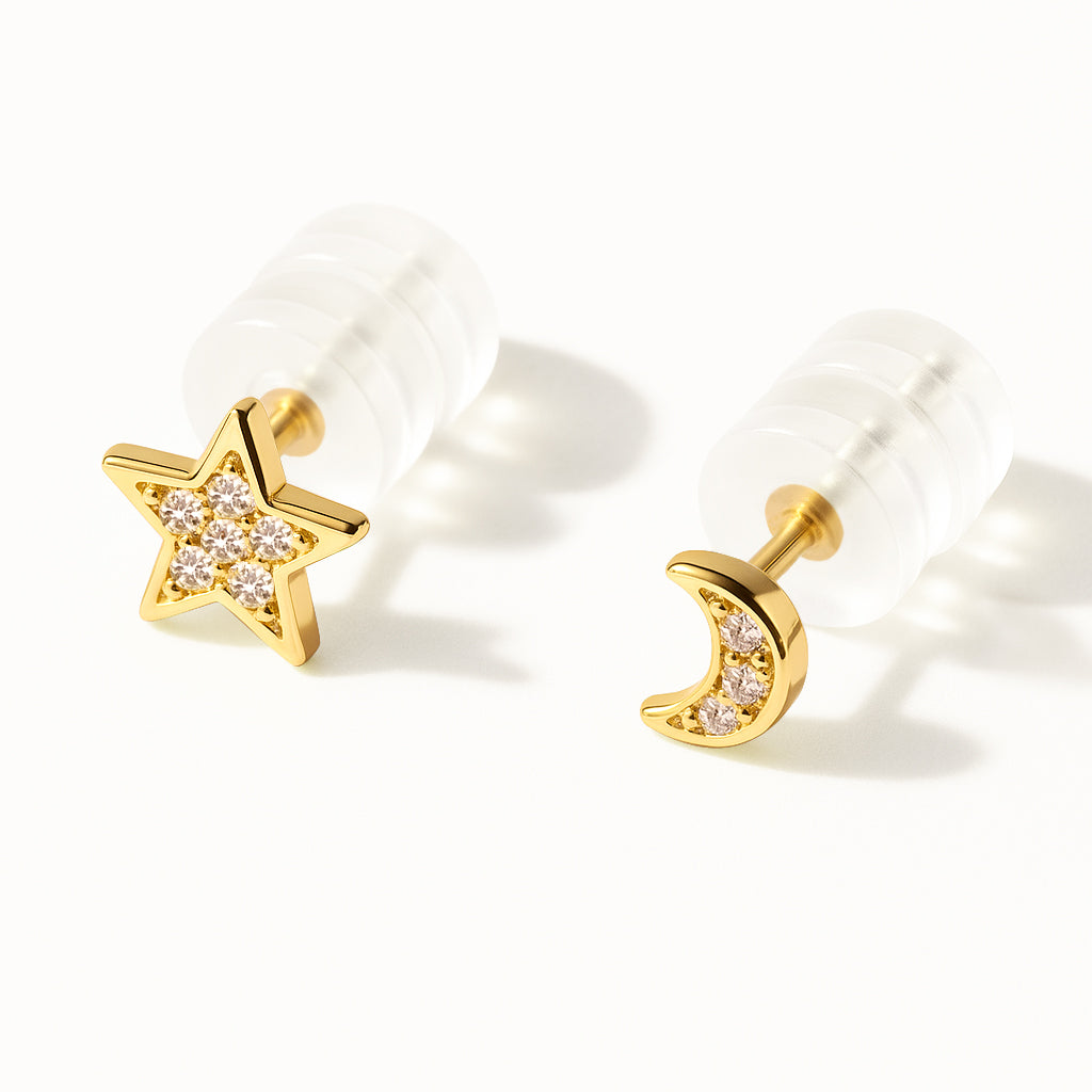Moon and star earrings in gold vermeil with cubic zirconia