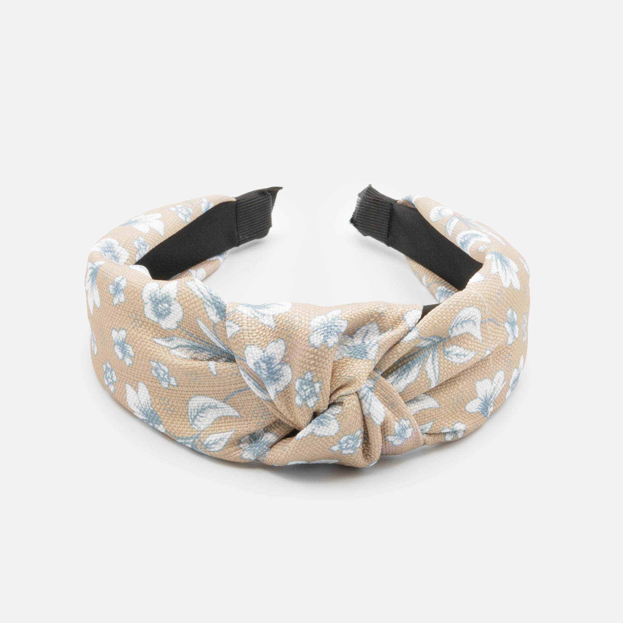 Beige headband with blue-gray flowers and bow