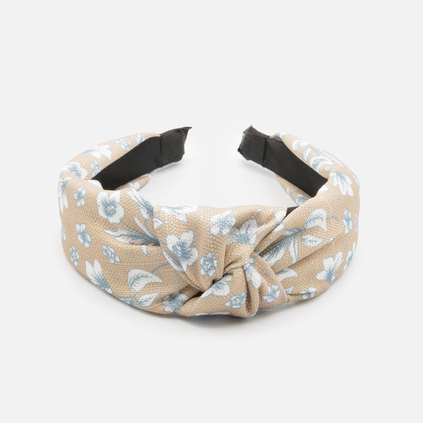 Load image into Gallery viewer, Beige headband with blue-gray flowers and bow
