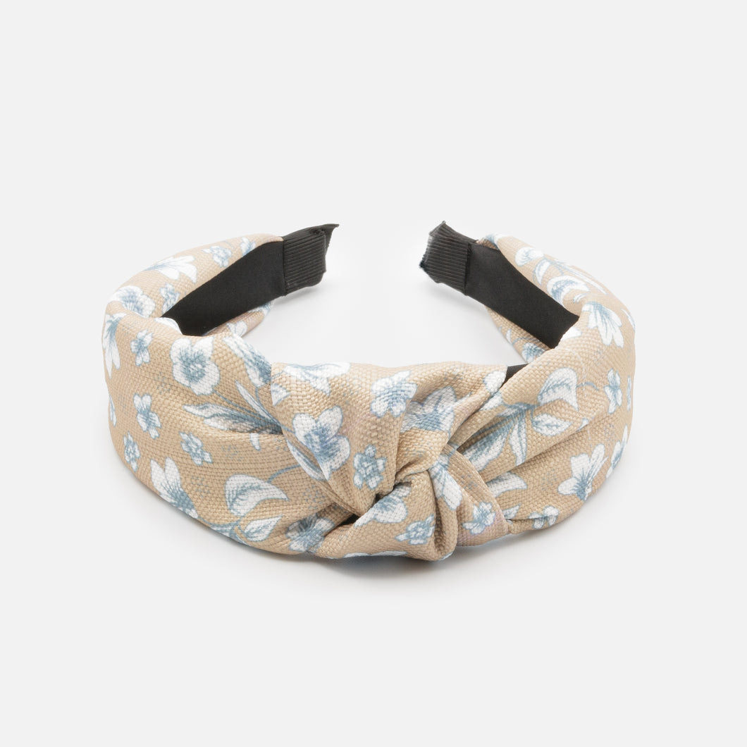 Beige headband with blue-gray flowers and bow