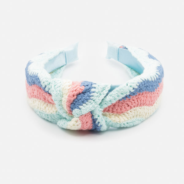 Load image into Gallery viewer, Pastel rainbow crochet headband with bow
