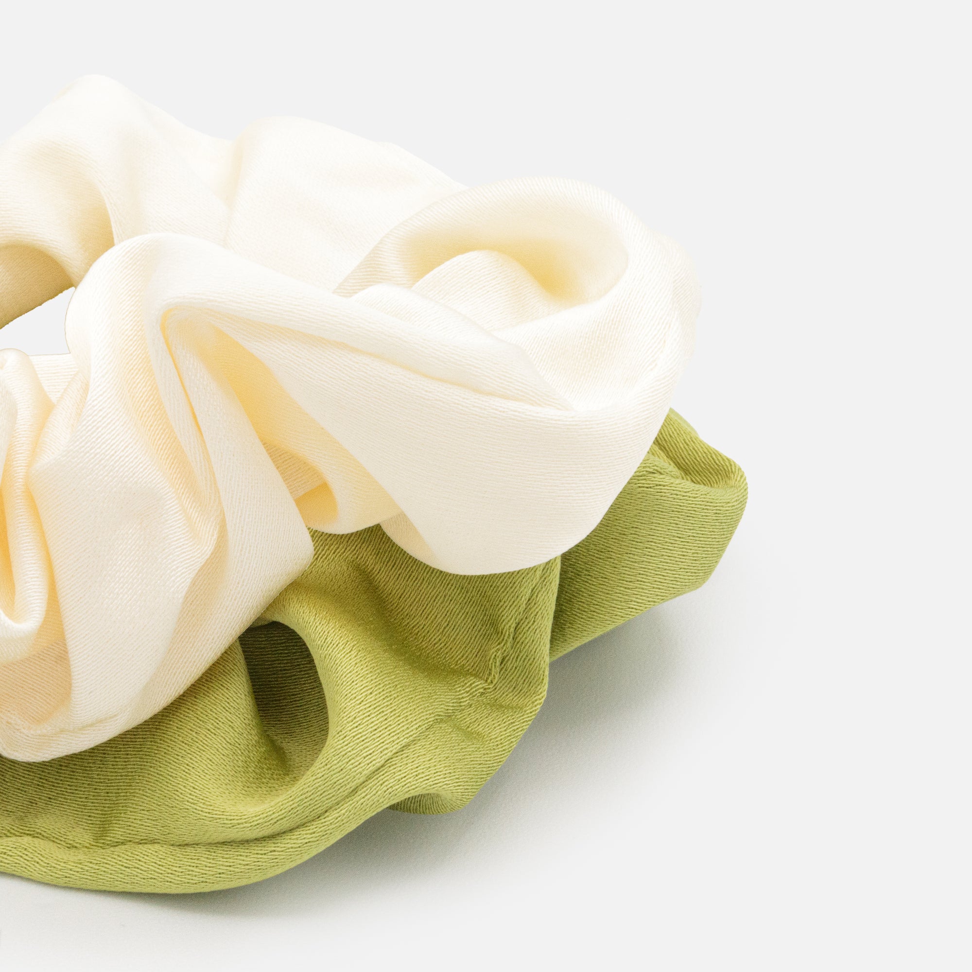 Duo of chartreuse green and ivory scrunchies