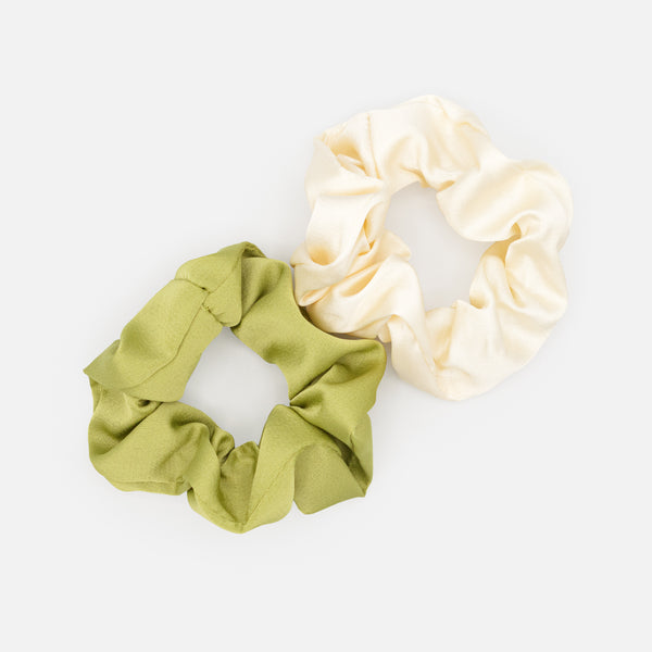 Load image into Gallery viewer, Duo of chartreuse green and ivory scrunchies