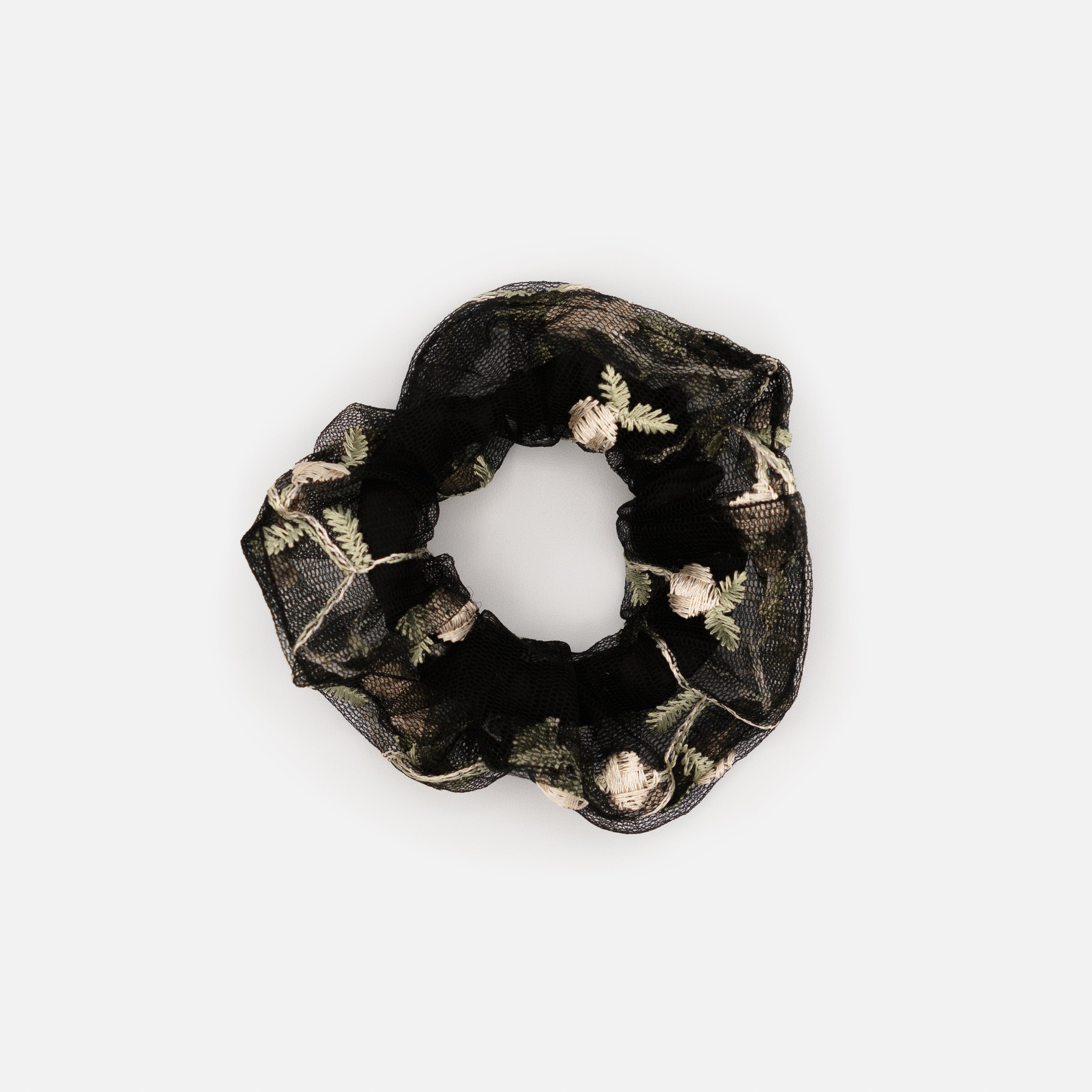 Black scrunchie with embroidered flowers