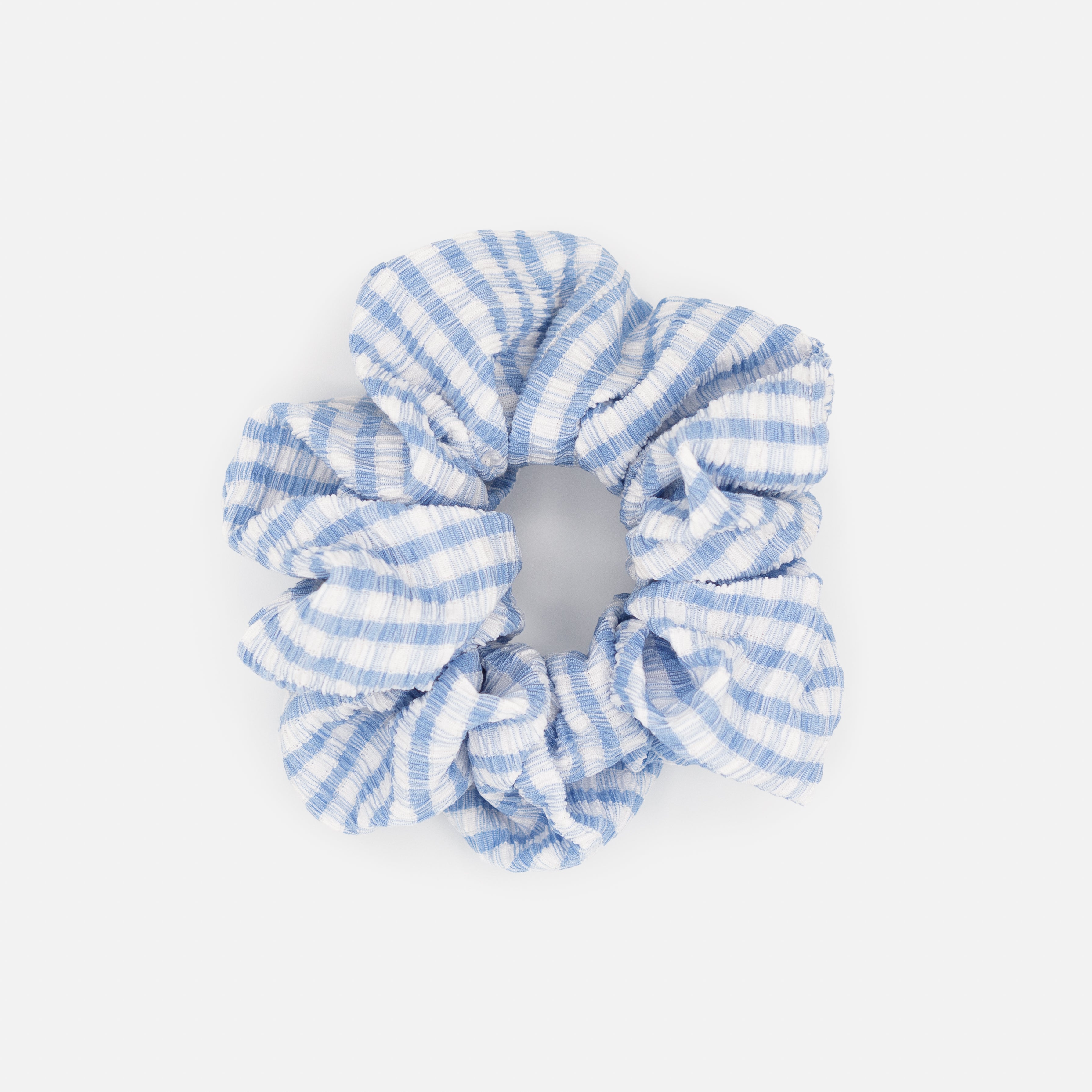 Blue and white gingham scrunchie