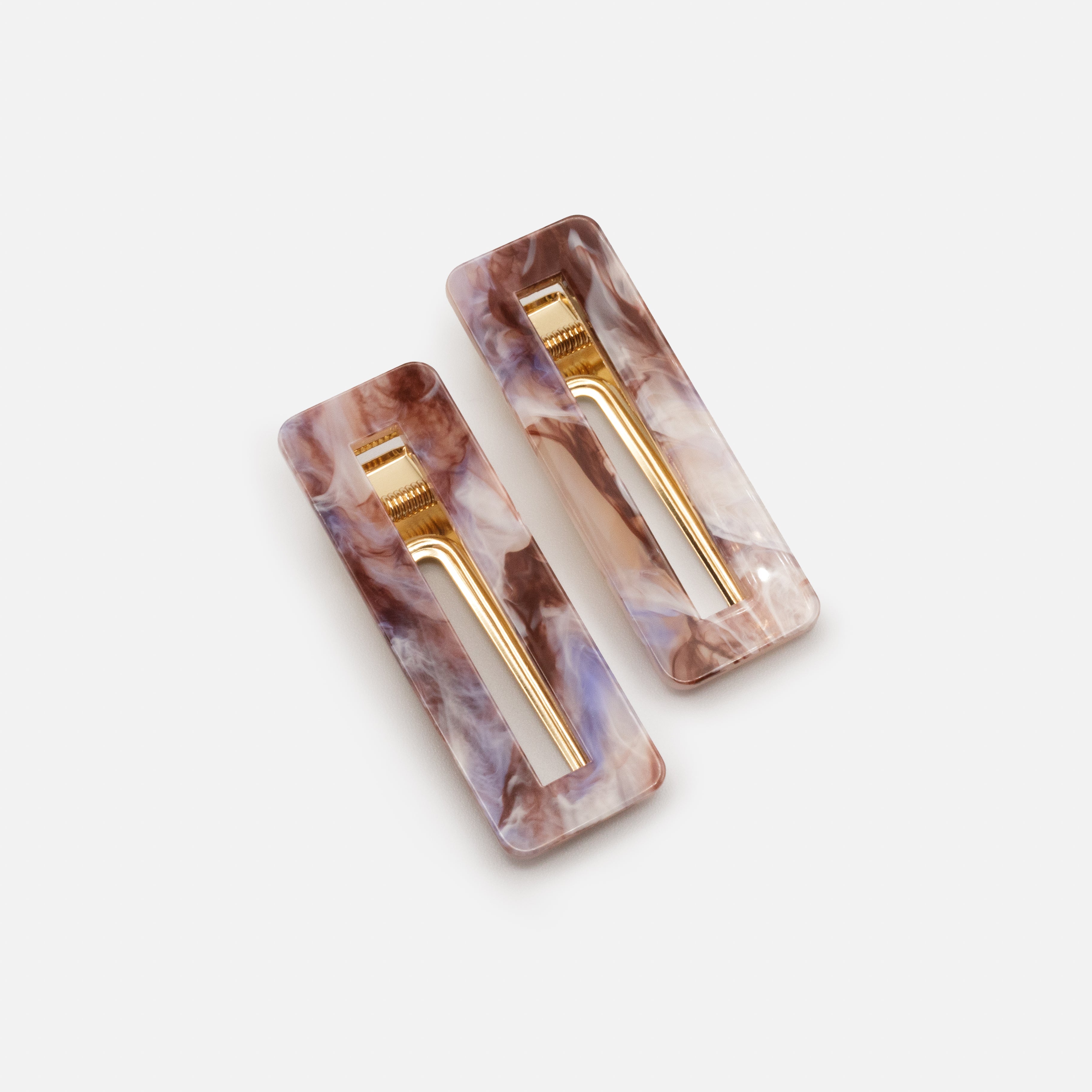Duo of burgundy & lilac marbled plastic clips