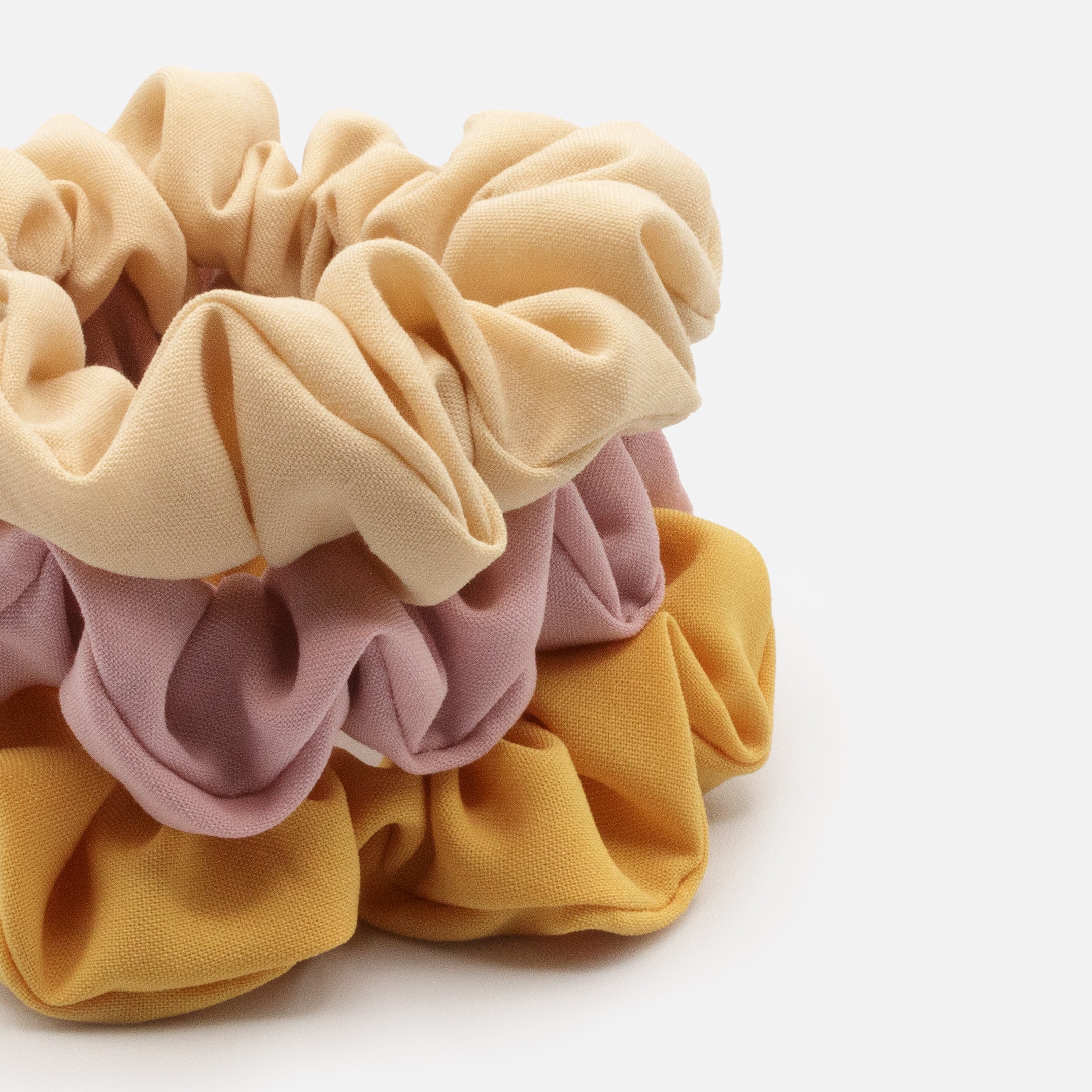 Trio of thin scrunchies in beige, old pink & yellow