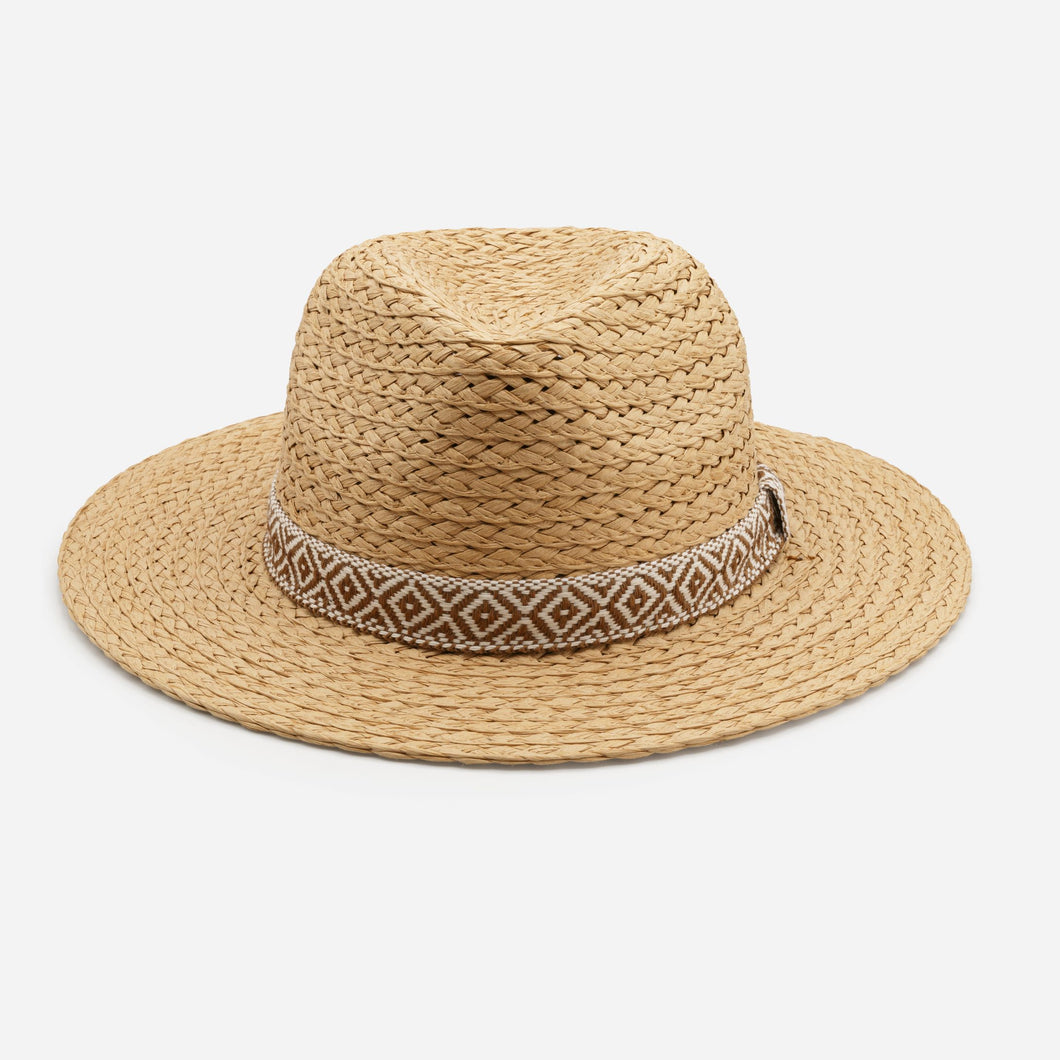 Straw hat with embroidered patterned band