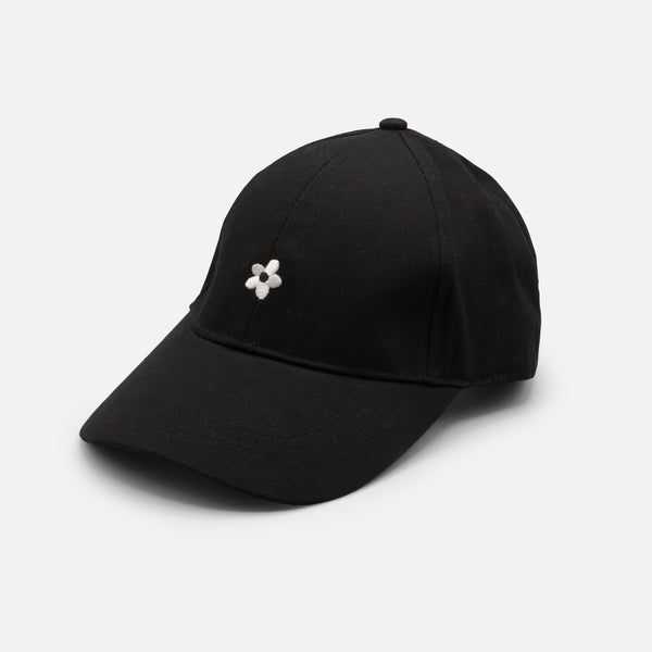Load image into Gallery viewer, Black cap with white flower embroidery
