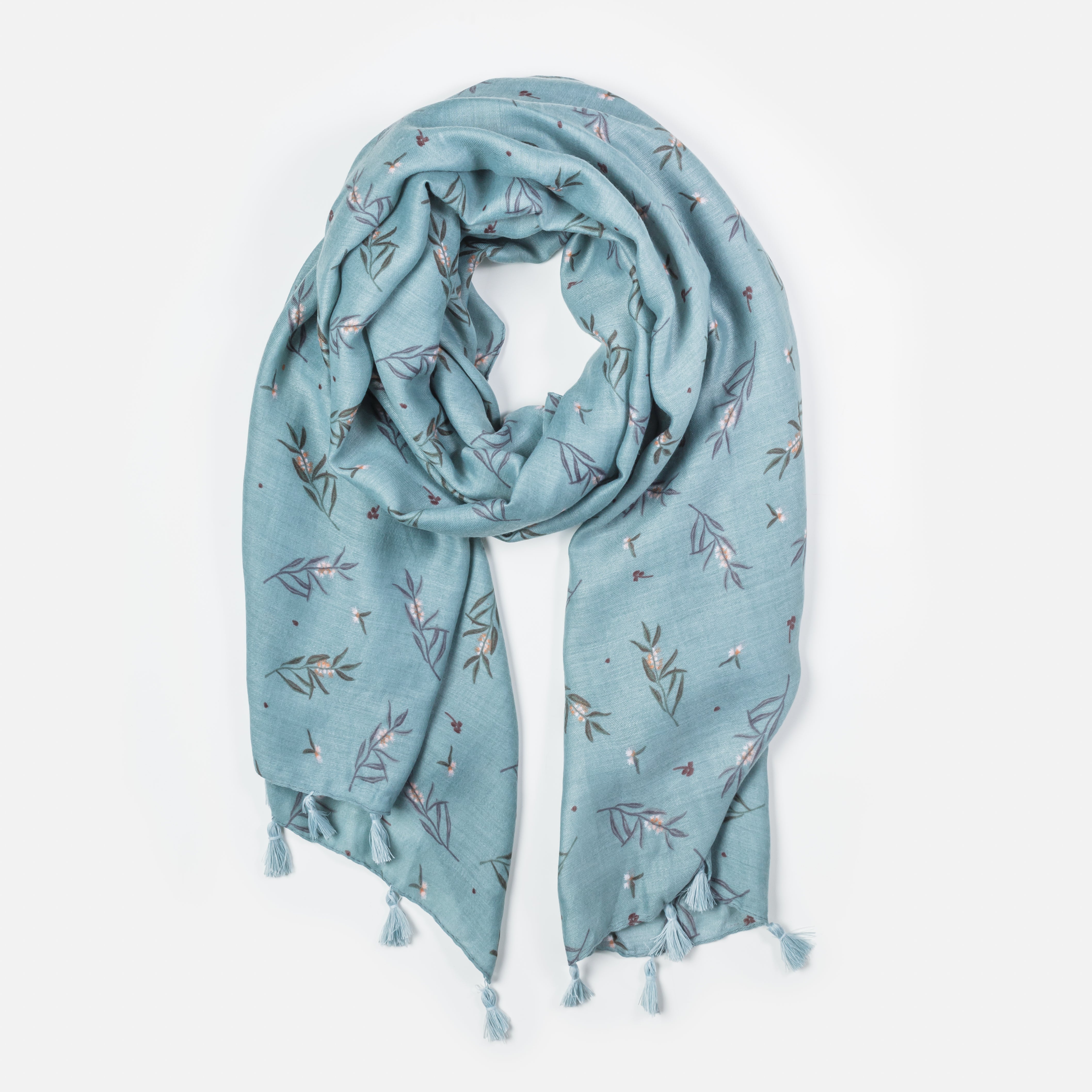 Foulard léger turquoise à imprimé fleurs d'olivier avec pampilles