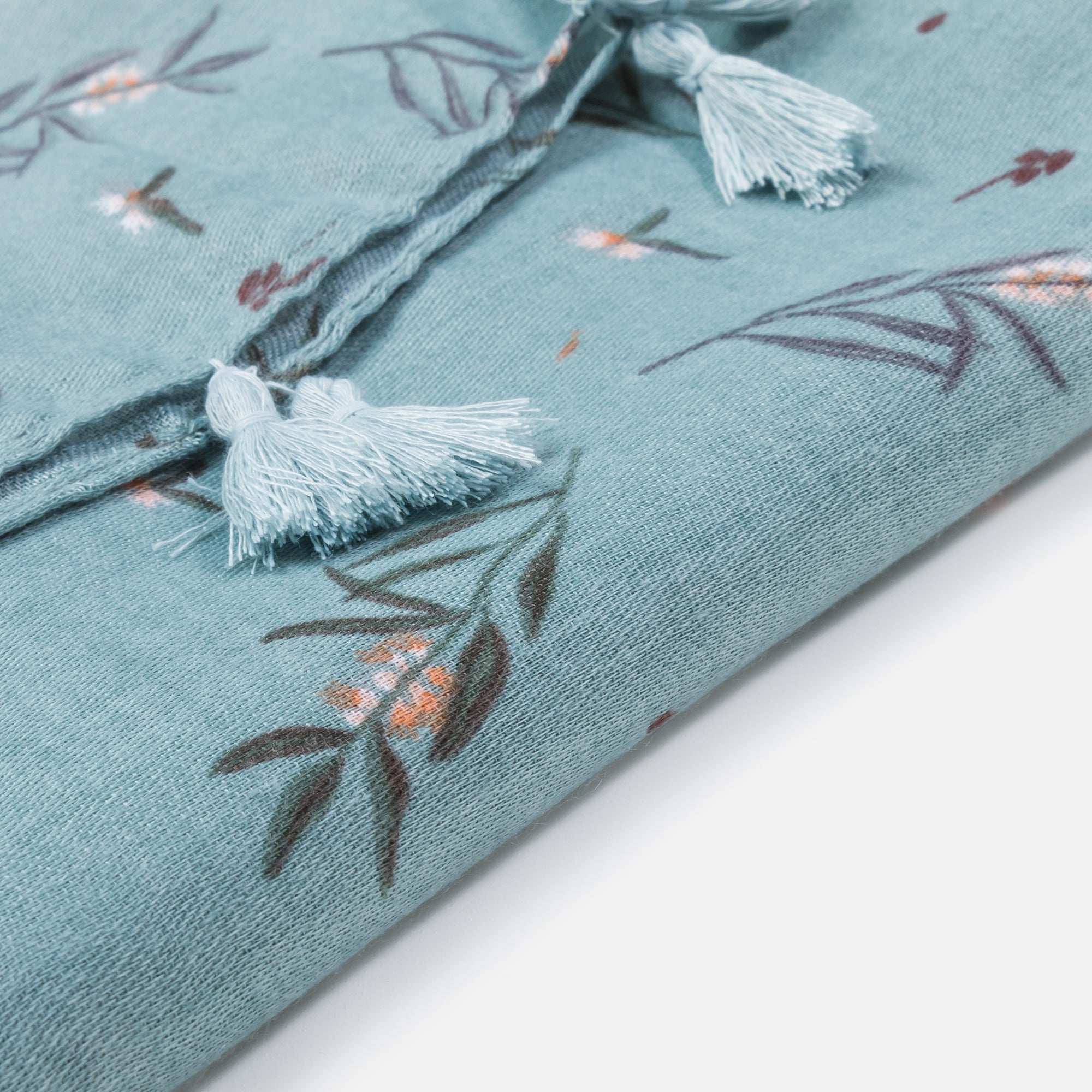 Light turquoise olive flower print scarf with tassels