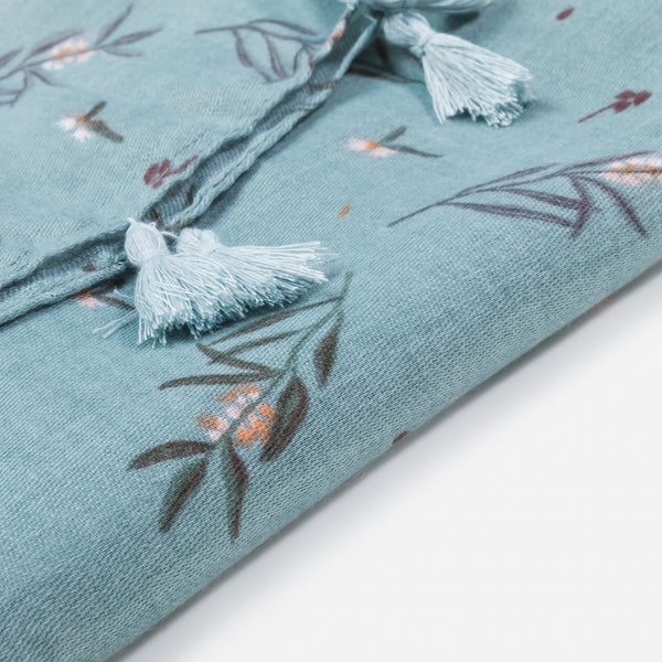 Load image into Gallery viewer, Light turquoise olive flower print scarf with tassels