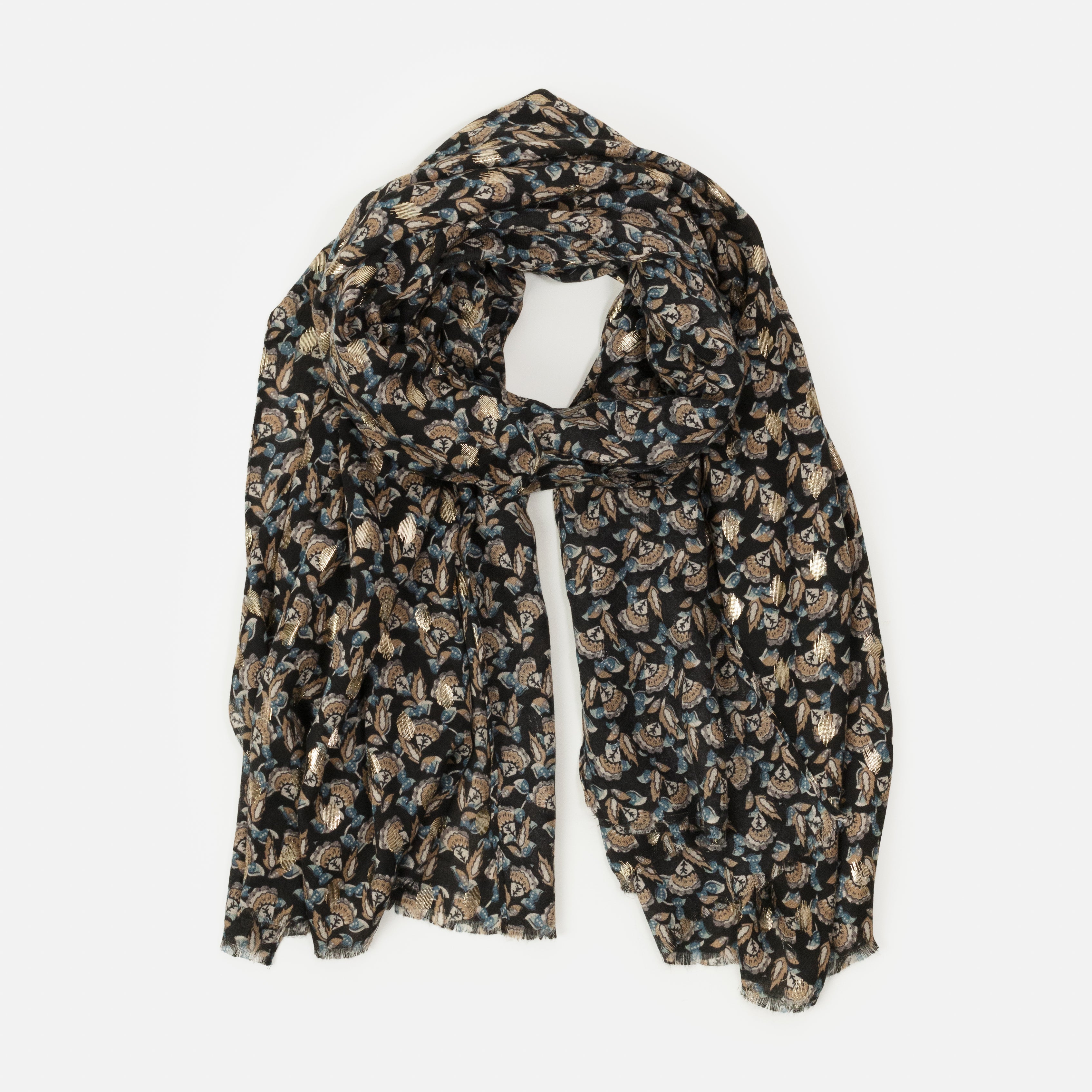 Foulard léger marine et beige à imprimé floral avec touches dorées
