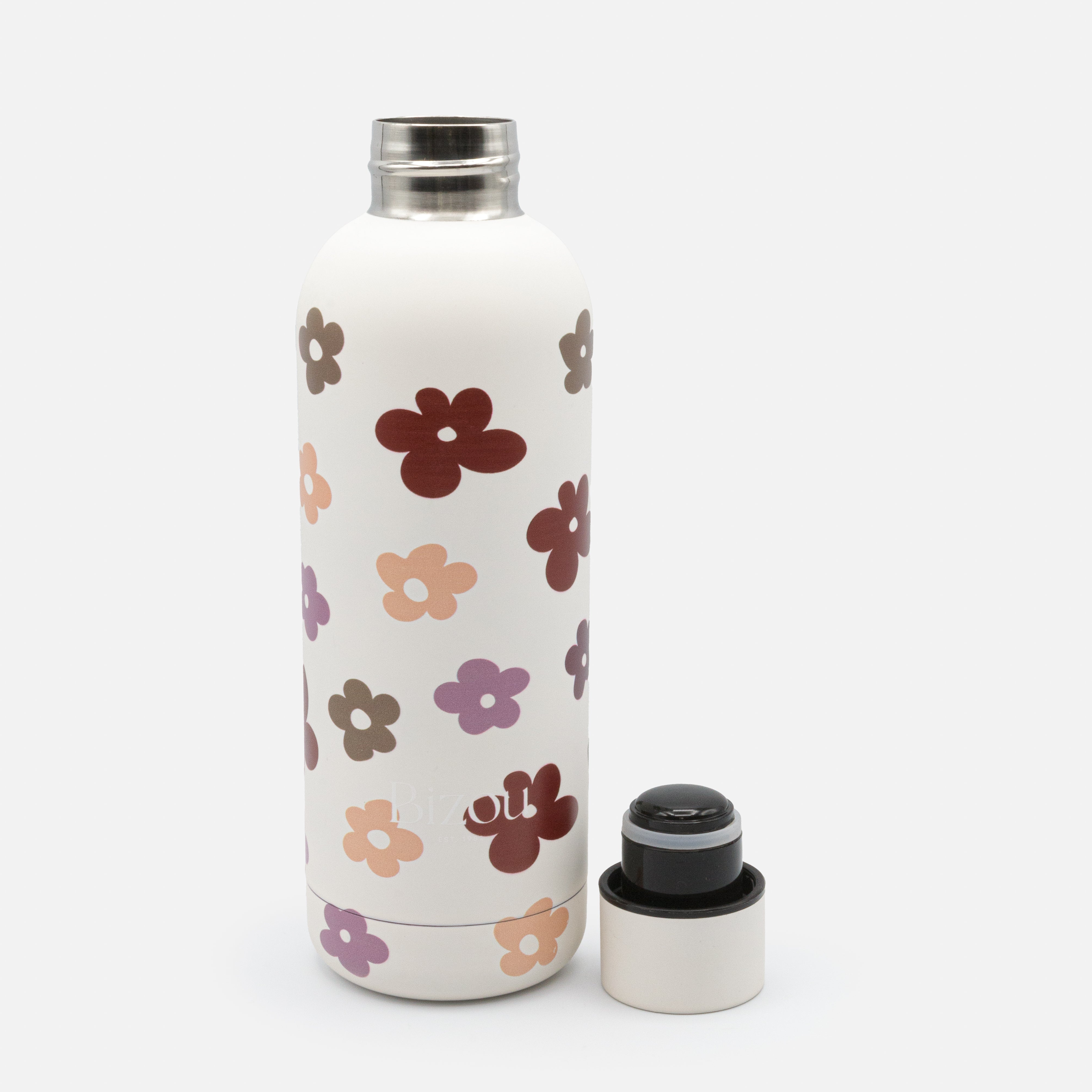 Bouteille d'eau blanche avec fleurs colorées en acier inoxydable