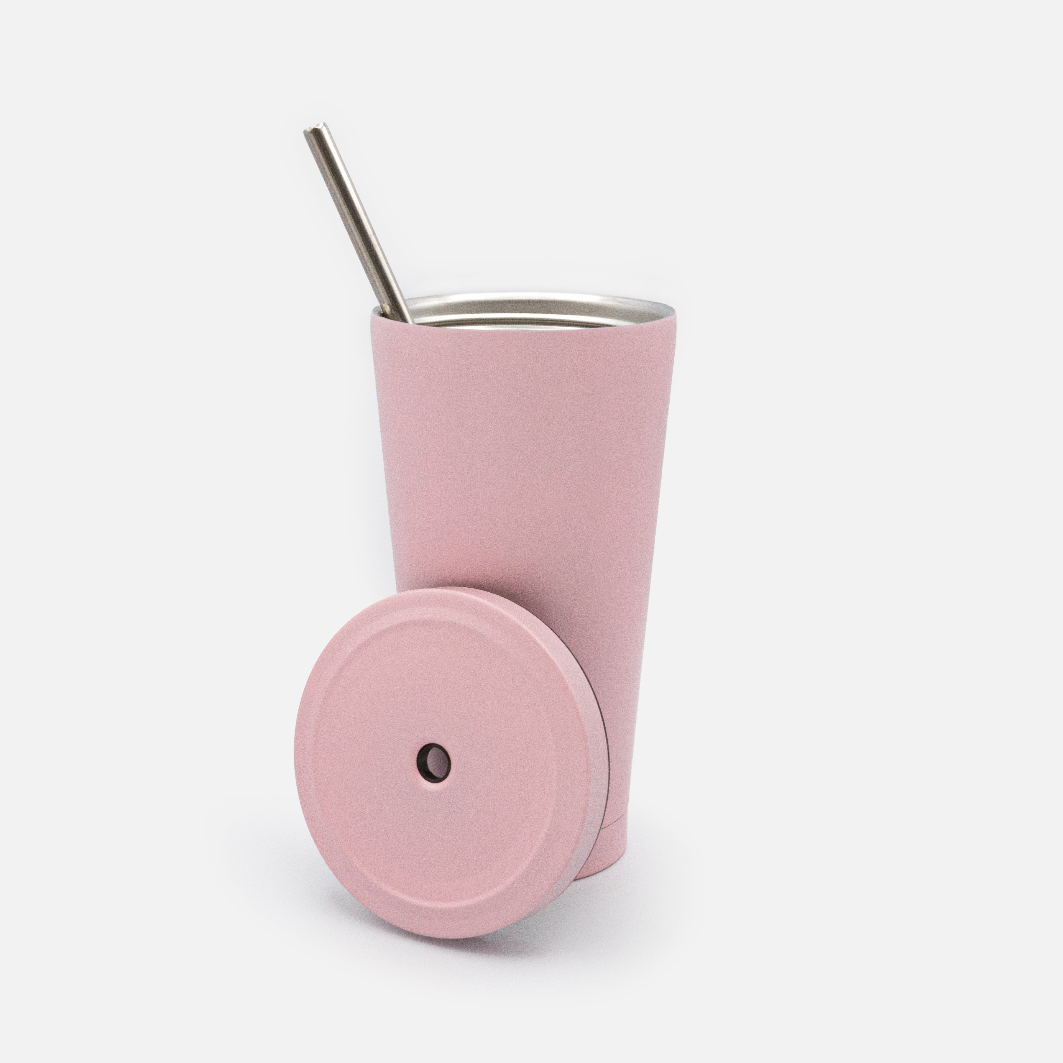 Tasse de voyage rose pâle avec paille en acier inoxydable