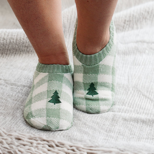 Charger l'image dans la galerie, Bas pantoufles à carreaux verts et blancs avec sapin